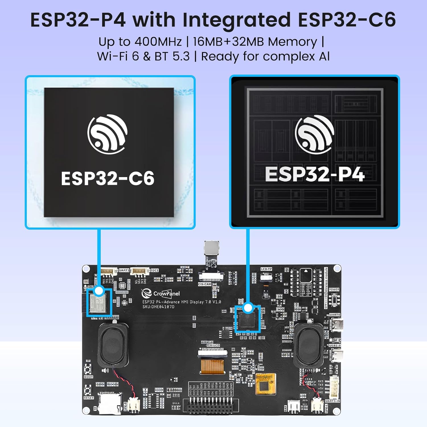 ELECROW ESP32 Display 1024x600, 7 Inch HMI ESP32 IPS Touch Screen with Camera, Support AI Speech Interaction, ESP32-P4 Dual-Core Processor, Up to 400MHz, Compatible with Arduino, ESP-IDF, LVGL