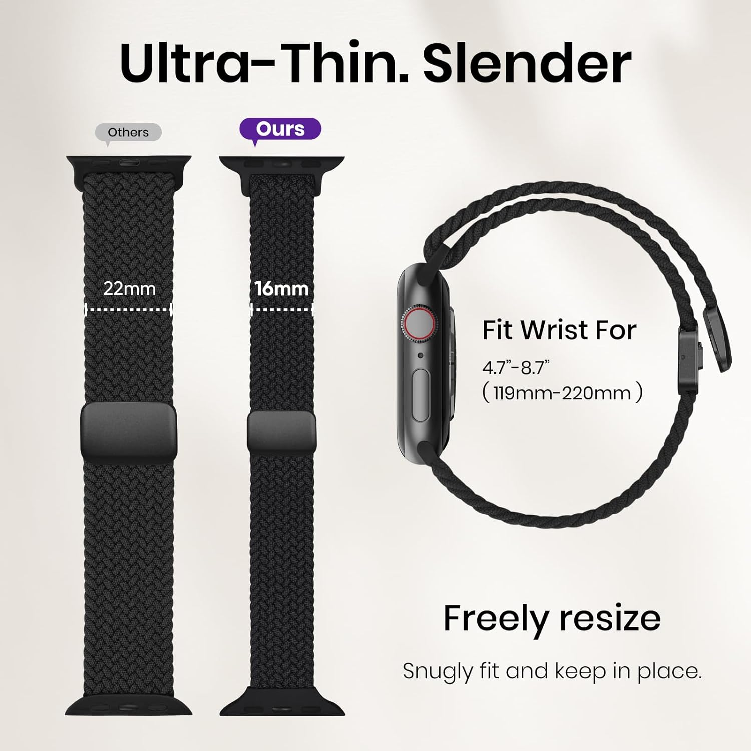 Slim Braided Stretchy Band Compatible with Apple Watch Bands 40mm 41mm 38mm 42mm 44mm 45mm 46mm 49mm Women Men, Thin Nylon Sport Solo Loop Magnetic Strap for iWatch Series 11 10 9 8 7 6 5 4 3 SE Ultra - Image 2