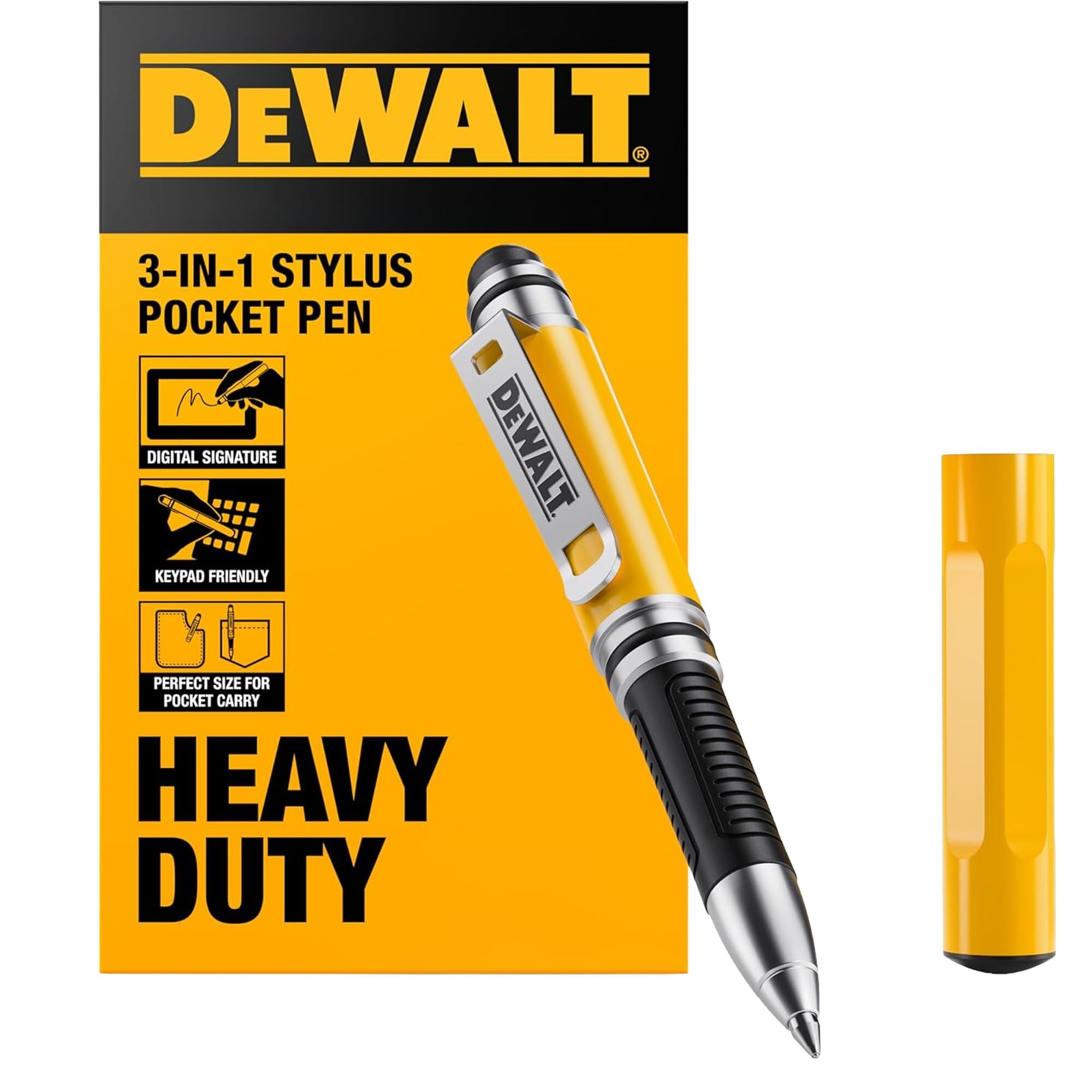 DEWALT Bolígrafo Stylus Mini 3 en 1 Heavy Duty, Lápiz táctil para iPad y iPhone, EDC Touch Screen Pen con Punta táctil y Punta para teclados, Cartucho de Tinta Extra