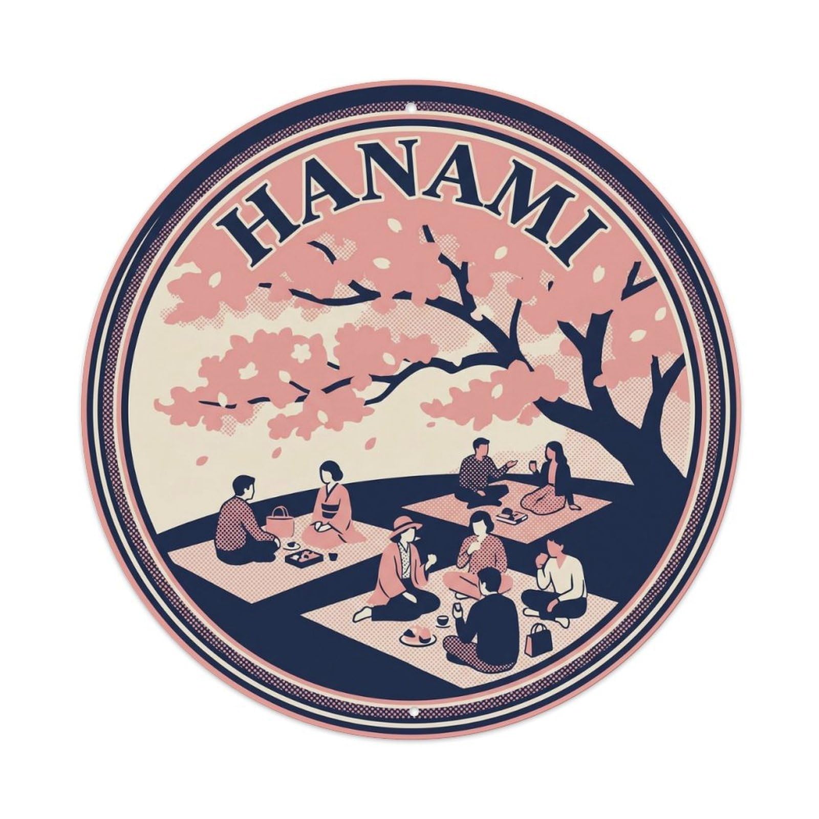 Olyhtr 8X8inch Classic Style Hanami Cherry Blossom Viewing Showa Pink Navy Metal Tin Sign