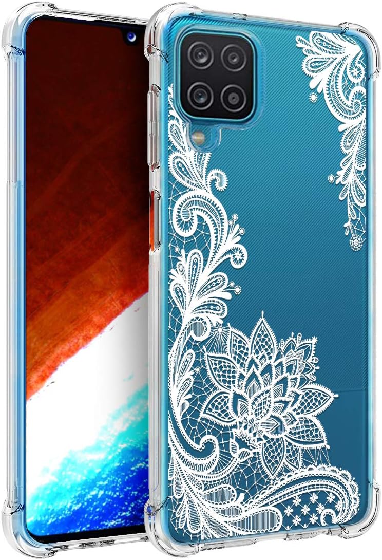 Osophter for Galaxy A12 Case Flower Floral for Girls Women Shock-Absorption Flexible TPU Rubber Phone Cover for Samsung Galaxy A12(White Lace)