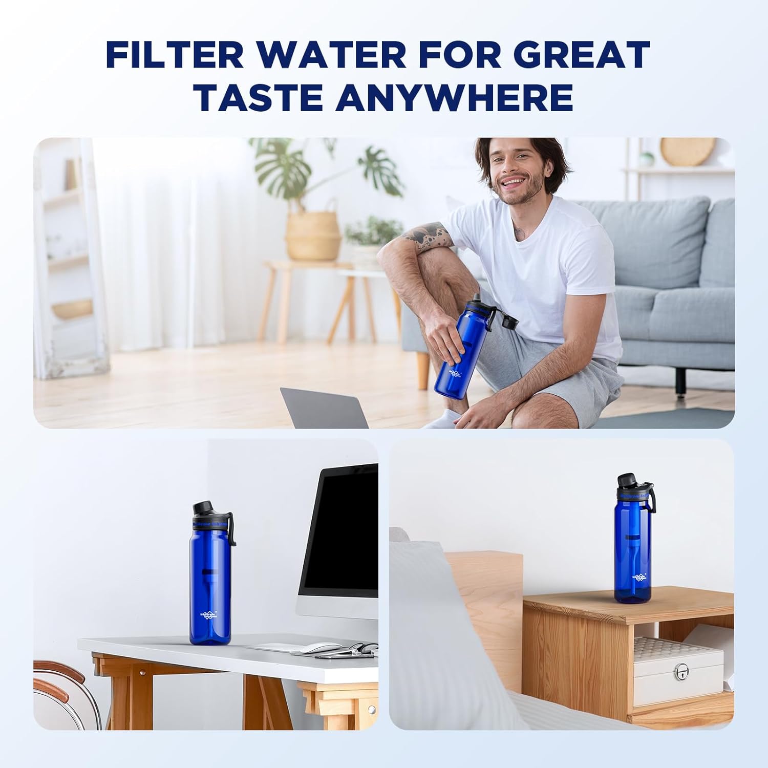 Filtered Water Bottle, Membrane Solutions C3 Water Bottle Filter with Replaceable ACFX2 Filter Cartridge, Portable Water Filter 36oz BPA-Free for Travel, Hiking & Camping Drinking use(Blue) - Image 8