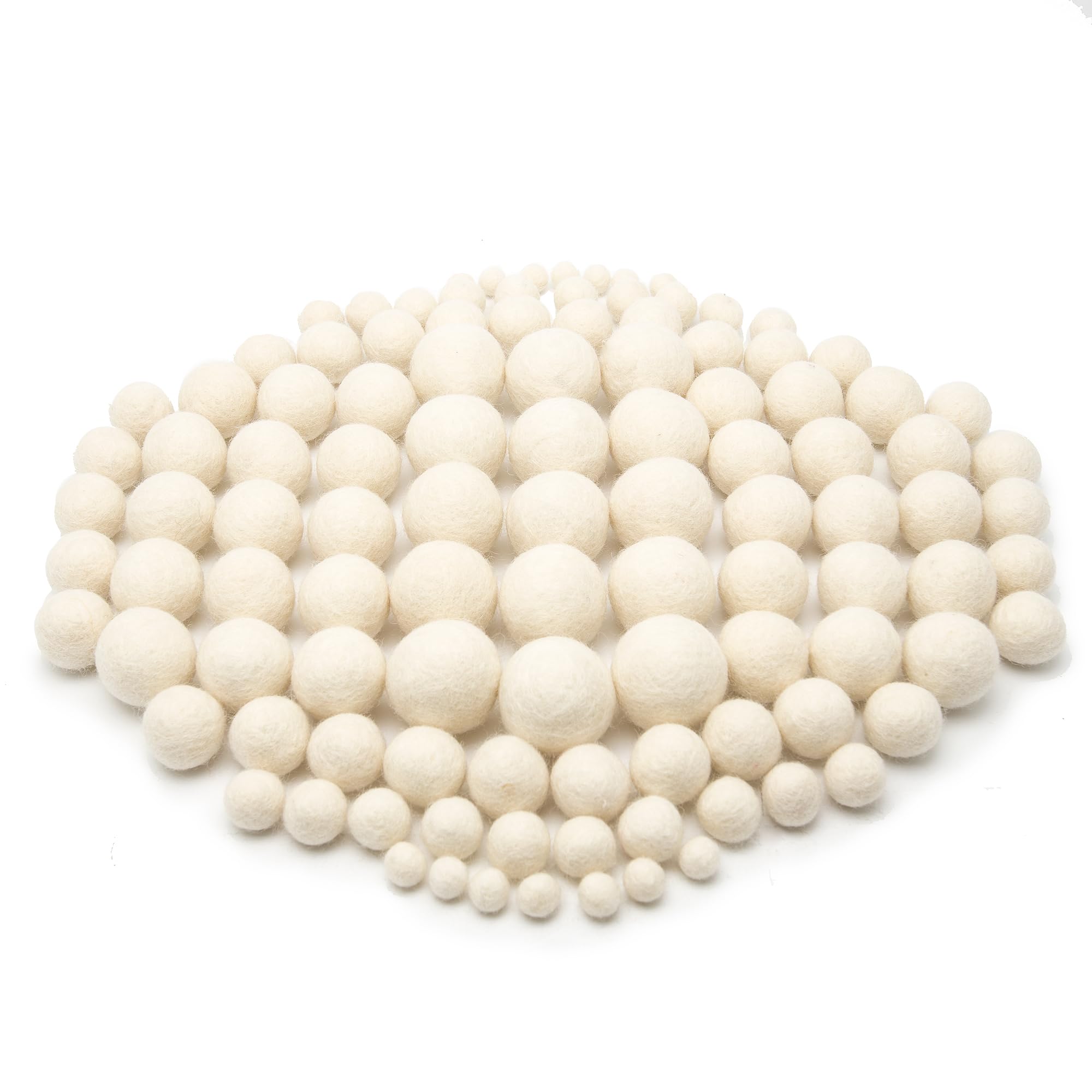 Glaciart One Wool Felt Balls, Felt Ball (110 Pieces) Mixed Sizes from 1 to 3 Centimeters, Handmade Felted Pure White Color - Bulk Small Puff for Felting and Garland