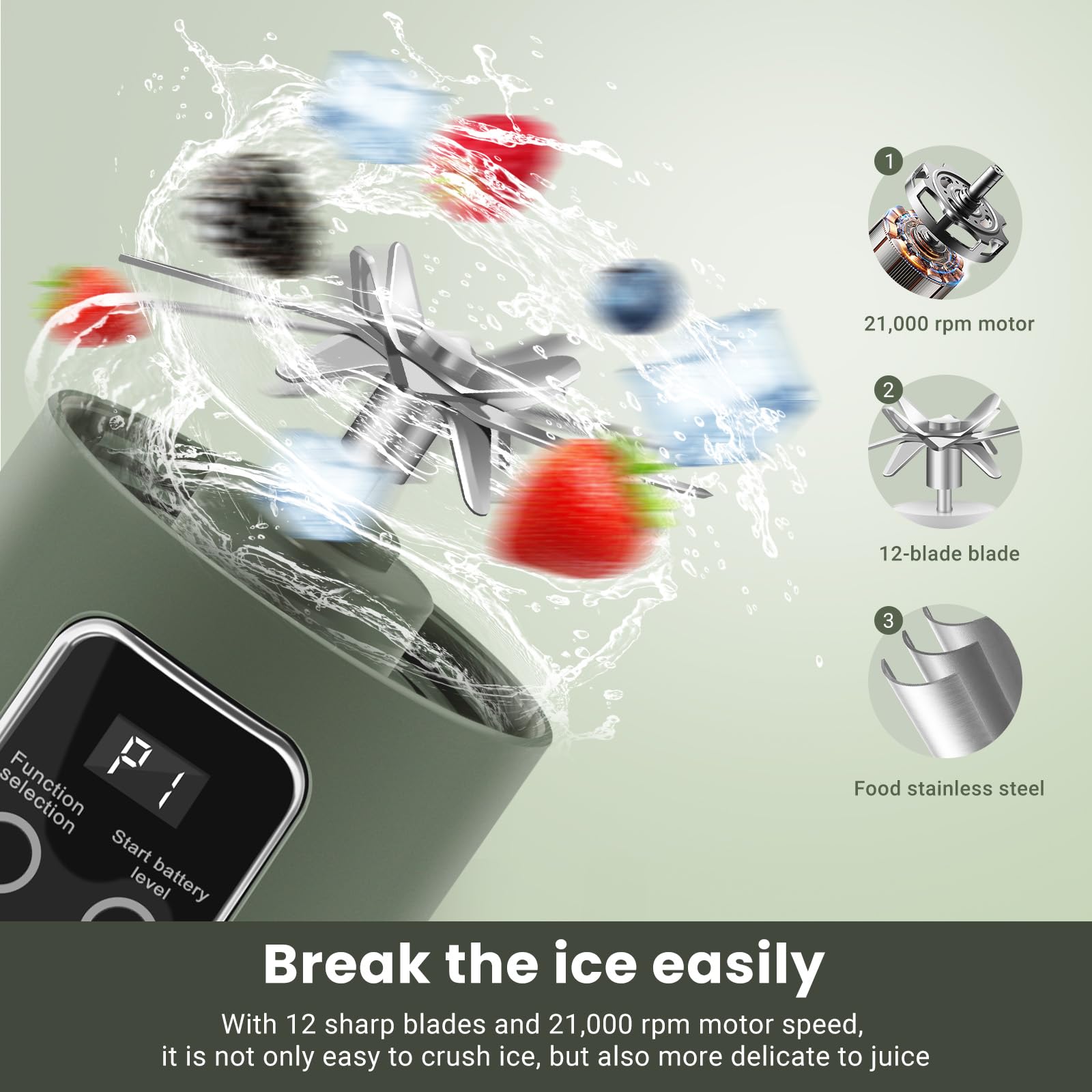 Mixeur Portable 500ml USB Personnel pour Shakes Smoothies | PCTG sans BPA, lames 304SS, 50 W, Ice Crush, USB-C, 500 ml, léger, à domicile, bureau, salle de sport, voyage (vert)