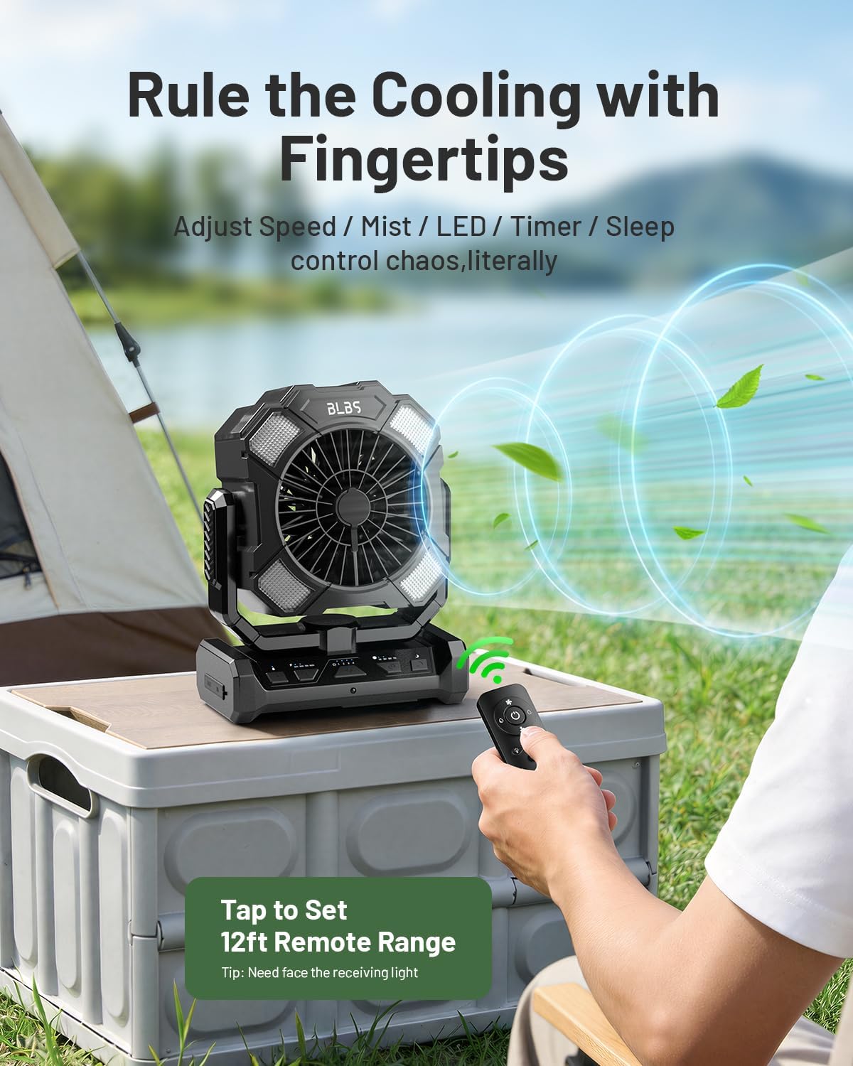 Camping Misting Fan - 24000mAh Rechargeable Portable Fan with 300ml (9oz) Water Tank, 80H Cooling, 5H Mist, 4 Speeds, LED Light & Hook - Outdoor Camping Travel Essentials（Black）