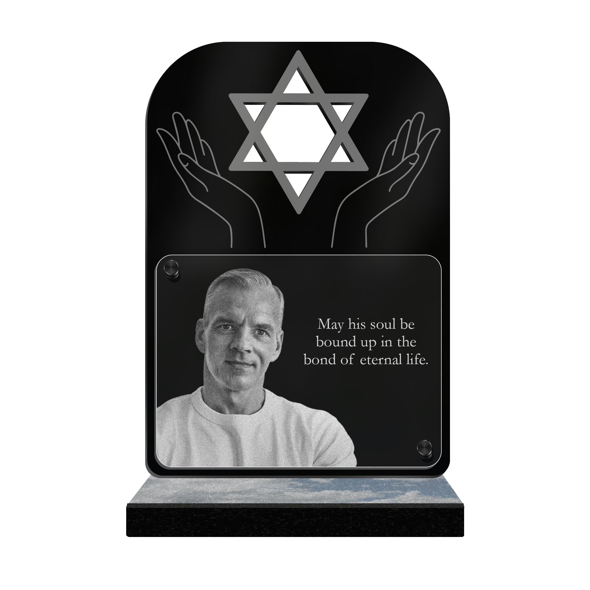 ETERNEL - Personalized Memorial Plaque Star of David - Customizable Photo and Text, laser-engraved memorial plaque for tribute, plexiglass, funeral plaque, tombstone, ceremony, funeral