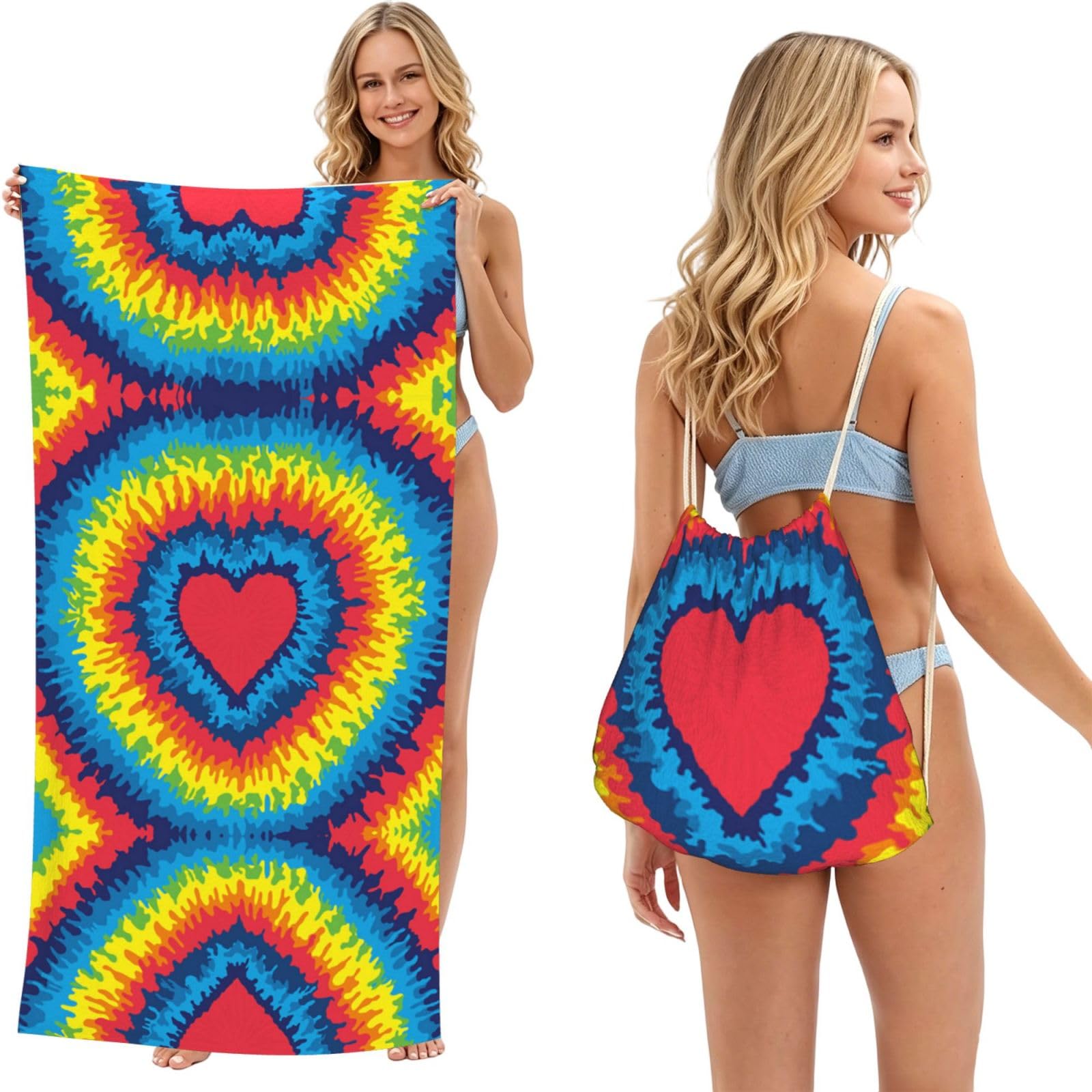 ESNAIUVCD Heart Rainbow Tie-Dyed Print Beach Towel For Adults,Towel With Drawstring Bag, Travel Pool Swimming Sports Shower Sand Free Quick Dry Bath Towel For Pool, Beach, Yoga- 180x60cm