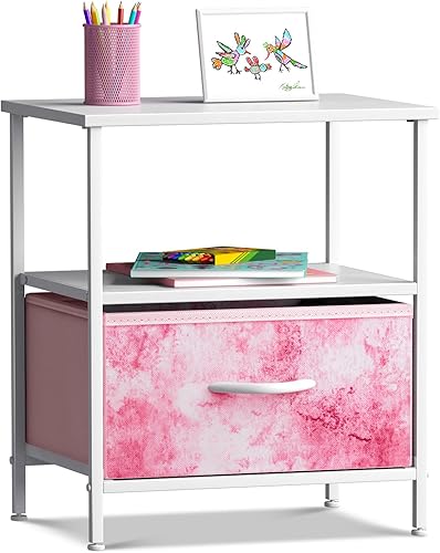 Sorbus Mesita de noche de almacenamiento con 1 cajón, mesita de noche para niños, mesa auxiliar con marco de acero, parte superior de madera y