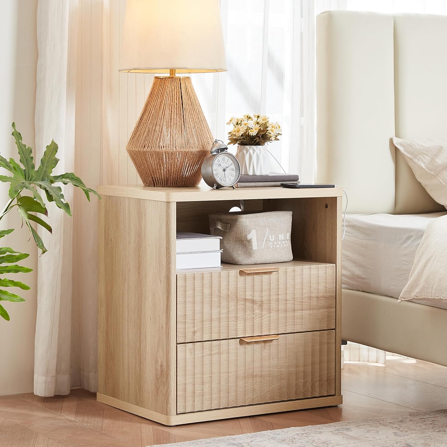 LEYAOYAO Fluted Nightstand with Charging Station, 23" Wide 2 Drawers End Table, Natural Night Stand with Open Storage Cabinet, Farmhouse Bed Side Tables, Wood Dresser for Bedroom, Living Room, Closet 2 Drawers Natural 1