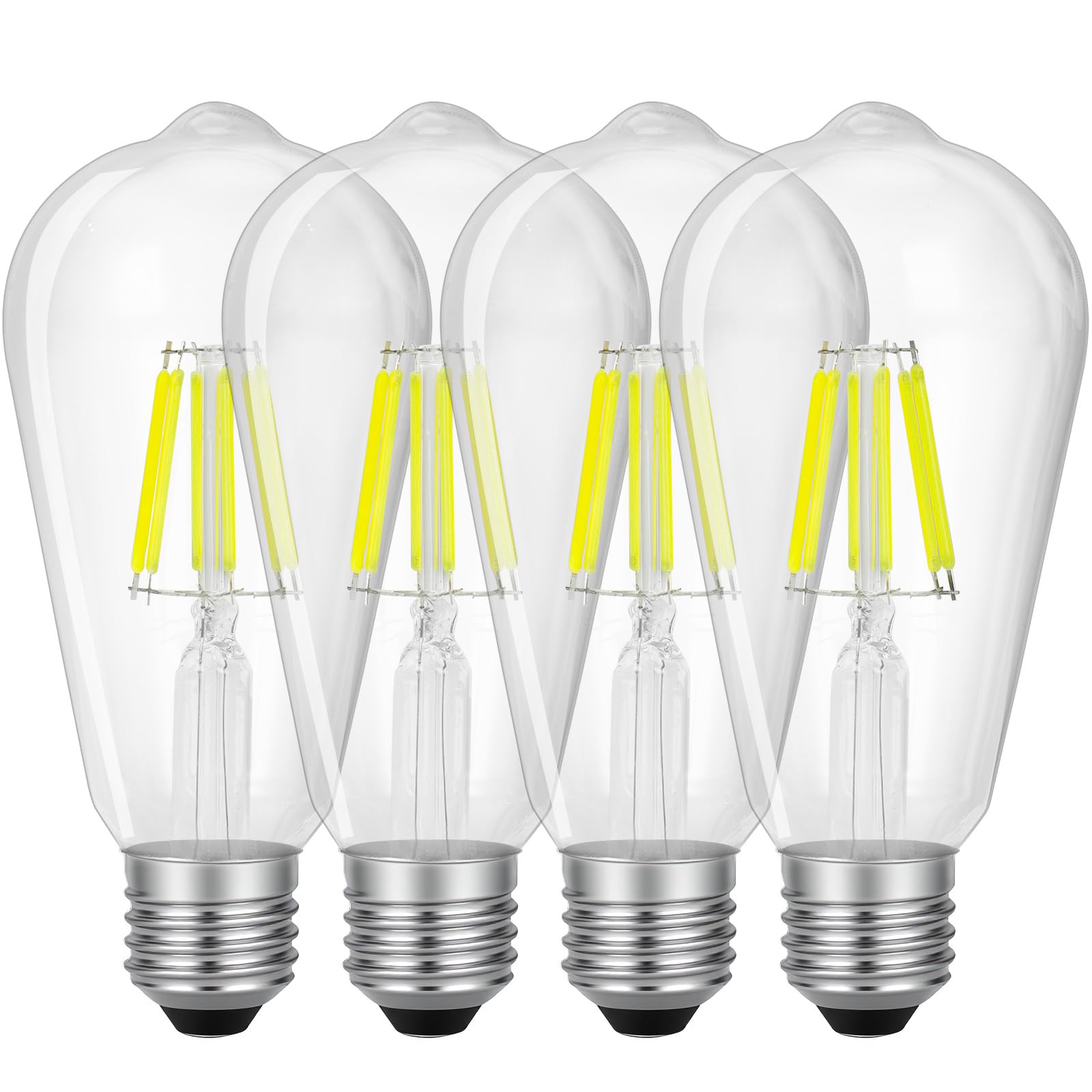 Jiehe LED E27 Edison Screw Bulb, 6W ST64 Vintage Filament Light Bulbs, 6000K Cool White, 820LM Non-Dimmable, Retro Clear Glass Lamp, Pack of 4