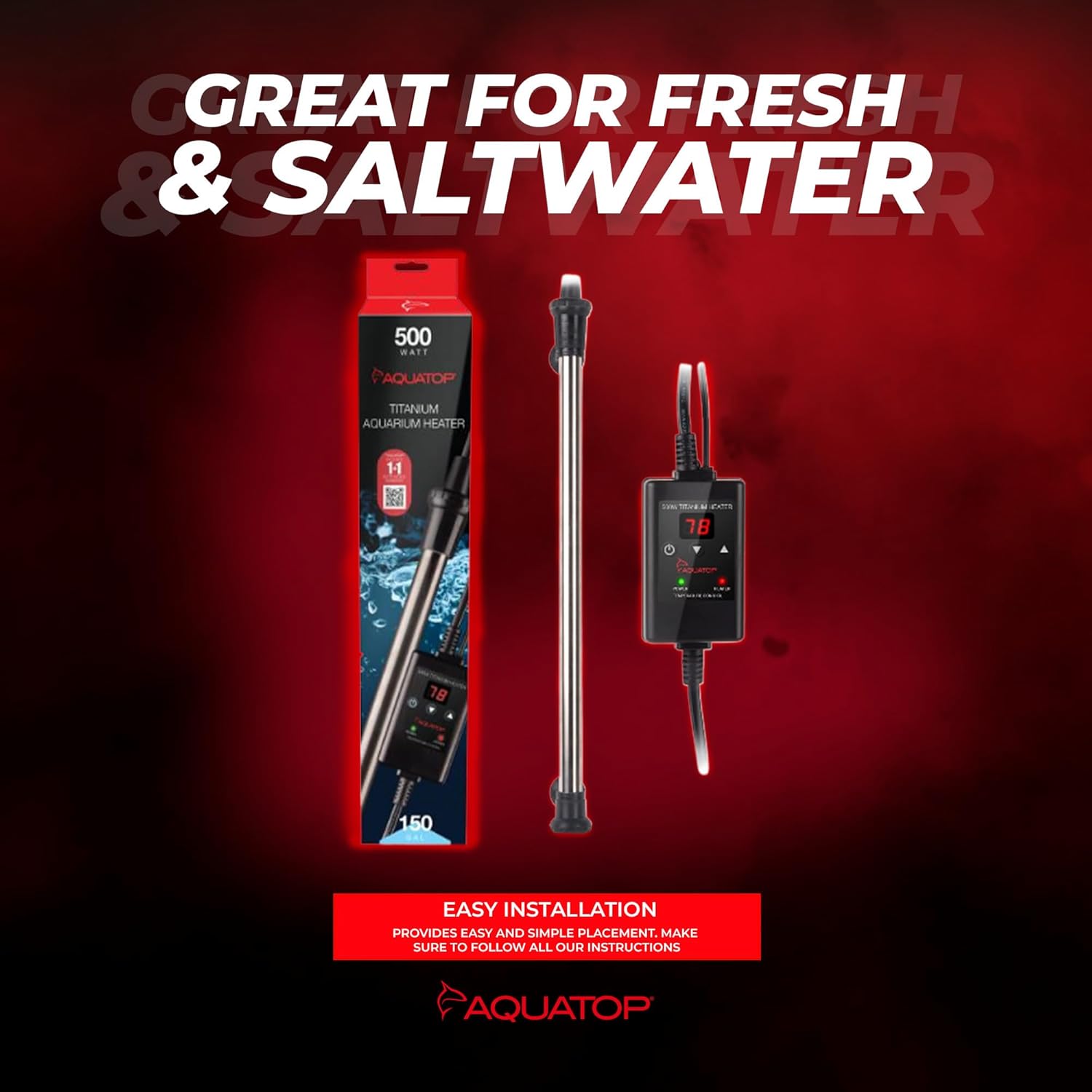 Aquatop 500W Titanium Heater with Controller – Fully Submersible - Up to 150 Gal – 68-92°F Adjustable Temperature – Ideal for Turtles & Large Fish