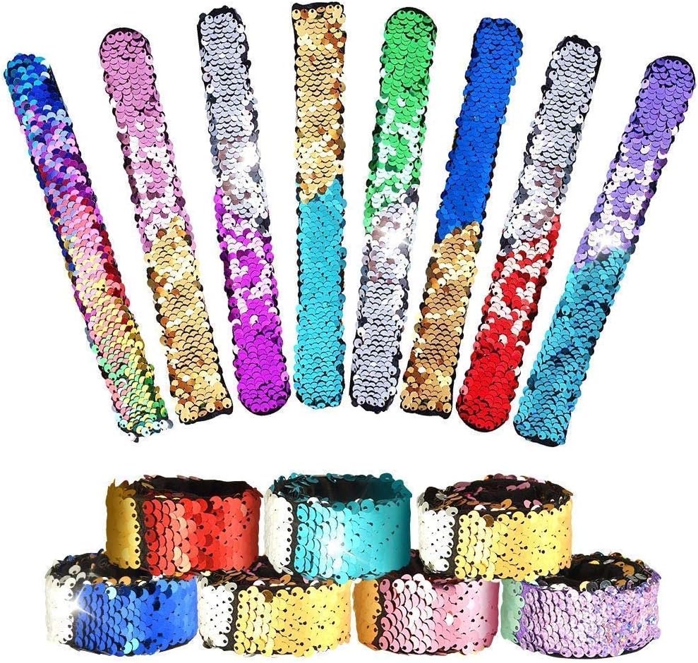 LURICO12 Pcs Magic Sequins The Mermaid Bracelets 2-Color Reversible Glitter Sequin Slap Bracelets Wristbands for Kids Party Favors Birthday Gifts