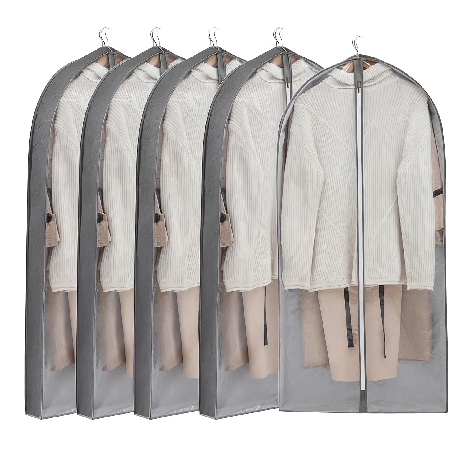 5 Stück Kleidersäcke Zum Aufhängen, Staubdicht Faltbare Kleidersäcke Aufbewahrung, für Jacken, Mäntel, Pullover, Hemden(Gray,60x10x150cm)