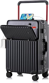 스피너 휠이 있는 50.8cm(20인치) 휴대용 수하물, USB 포트가 있는 PC 하드 쉘 슈트케이스, 경량 여행 수하물 항공사 승인 남성 여성용, 블랙., 알루미늄 프레임