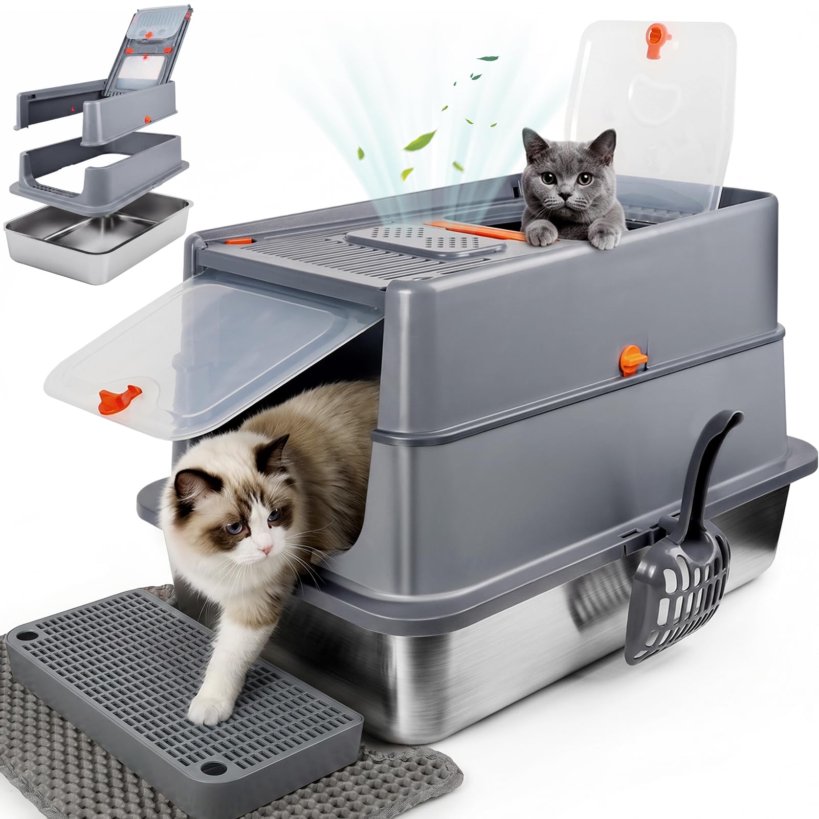 XLarge Stainless Steel Litter Box with Flip Top Lid, High Sided Enclosed Metal Cat Litter Pan, Dog Proof Odor Control Easy Clean, Includes Litter Mat&amp;Scoop, Step Pedal, Carbon Filter, Gray-XL