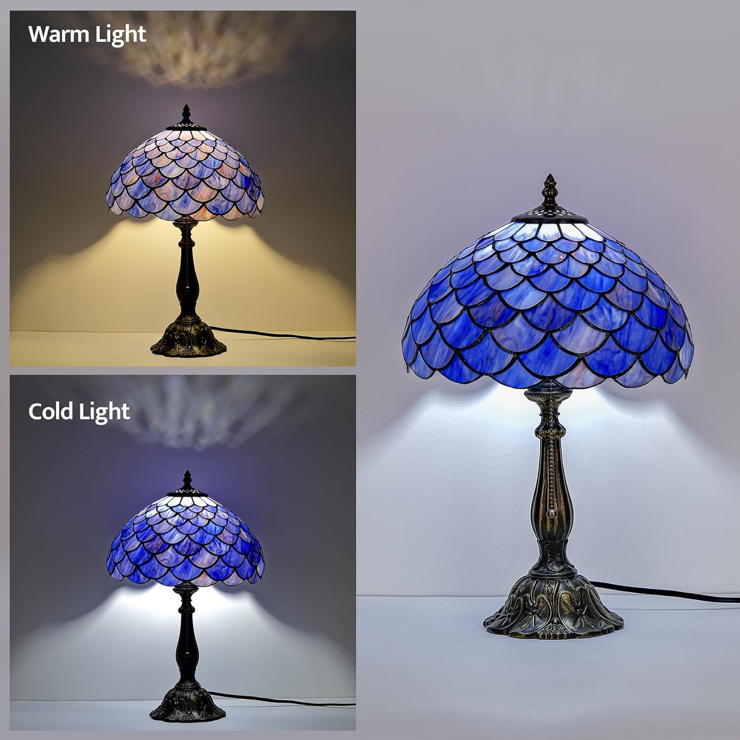 Tiffany Style Table Lamp Vintage Stained Glass Desk Lamp Deep Blue Purple Fish Scales Bedside Reading Light Decor Bedroom Living Room Home Office D12 xH18