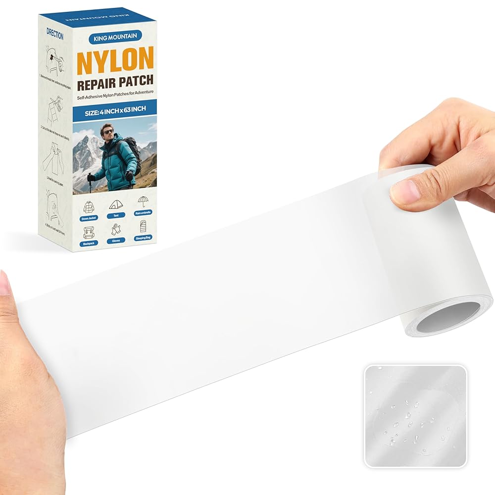 KING MOUNTAIN Self Adhesive Fabric Repair Tape, 463 Inches, Quick Down Jacket Repair Patch, Waterproof Outdoor Gear Patch Kit for Tent,Backpacks,Umbrella, Gloves, Sleeping Bag (Clear)