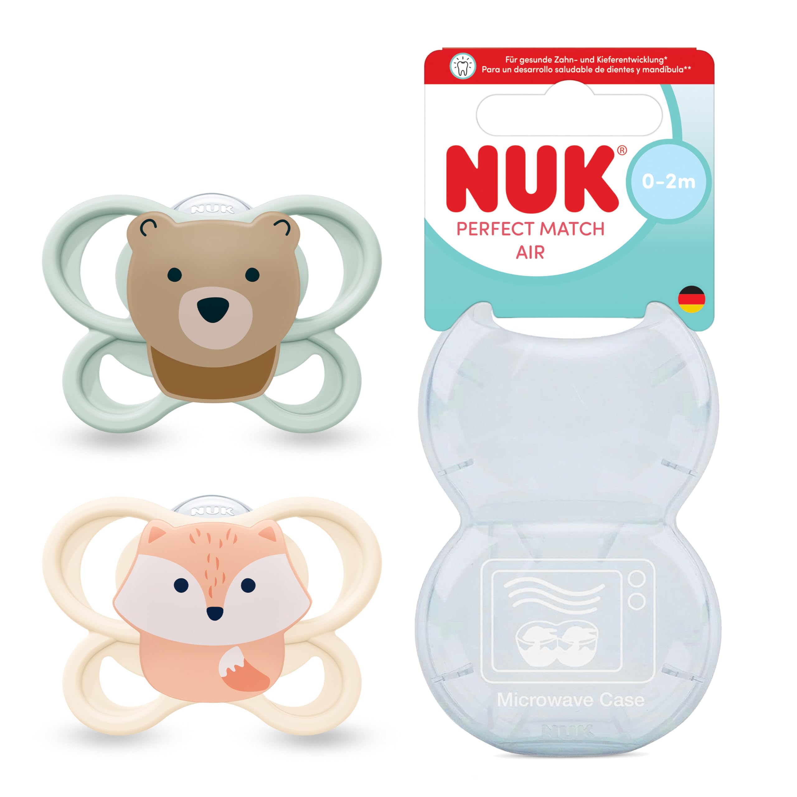 NUK Perfect Match Air tétines pour nouveau-​nés | 0-​2 mois | Sucettes orthodontiques favorisant l'aération et prévenant l'irritation | 95% d'acceptation par les bébés** | Renard/​Ours | Lot de 2