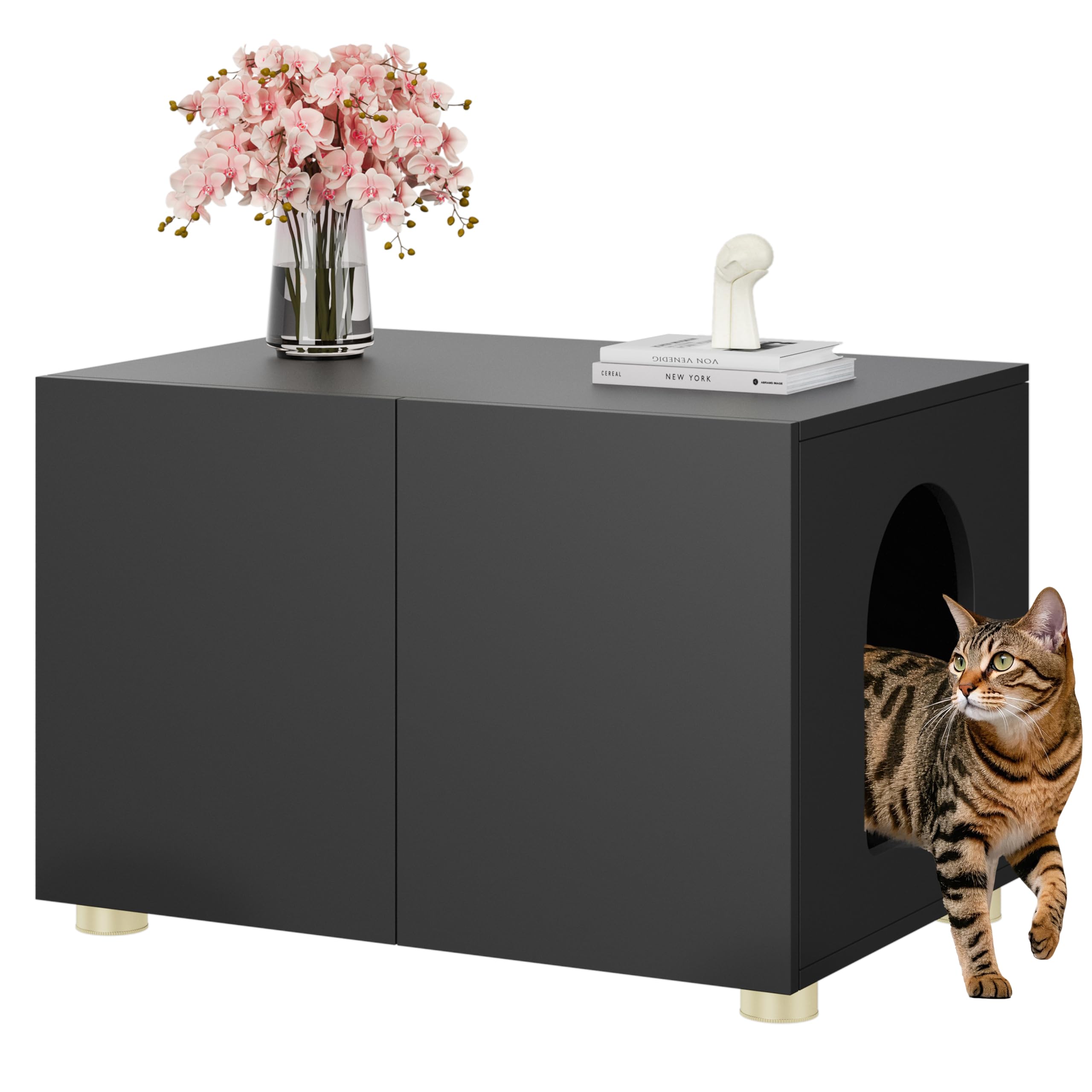 Amunrbrek Small Litter Box Enclosure, Sleek Modern Cat Litter Box Cabinet Furniture, Wooden Cat House, End Table (Black)