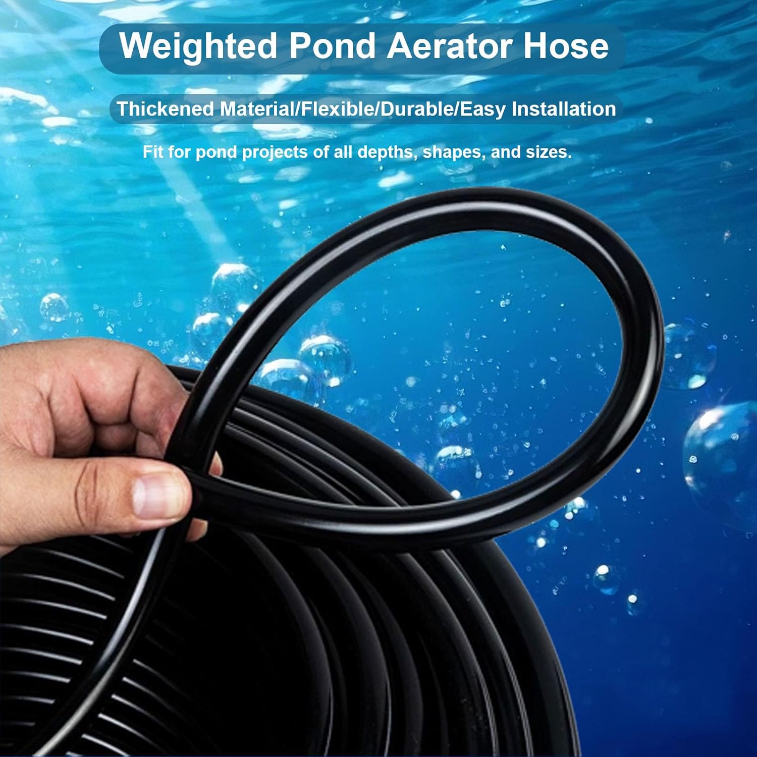 3/8 Inch Self-Sinking Aeration Hose, Heavy-Duty Weighted Pond Tubing with 8 Stainless Steel Clamps and 4 Copper Menders for Ponds, Lakes, Aquaculture (100 FT)