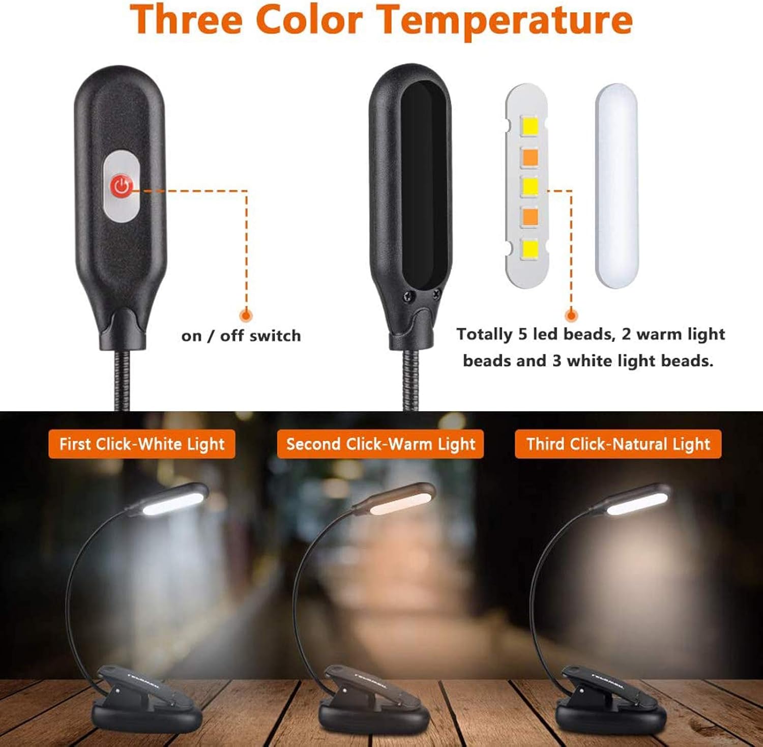 LEPOWER Clip on Book Light/Reading Light/Clip Light with 5 LED Eye Care, 3 Color Changeable, Portable Reading Lamp, Battery & USB Operated, Bed Light for Kids, Bookworms, Students - - 