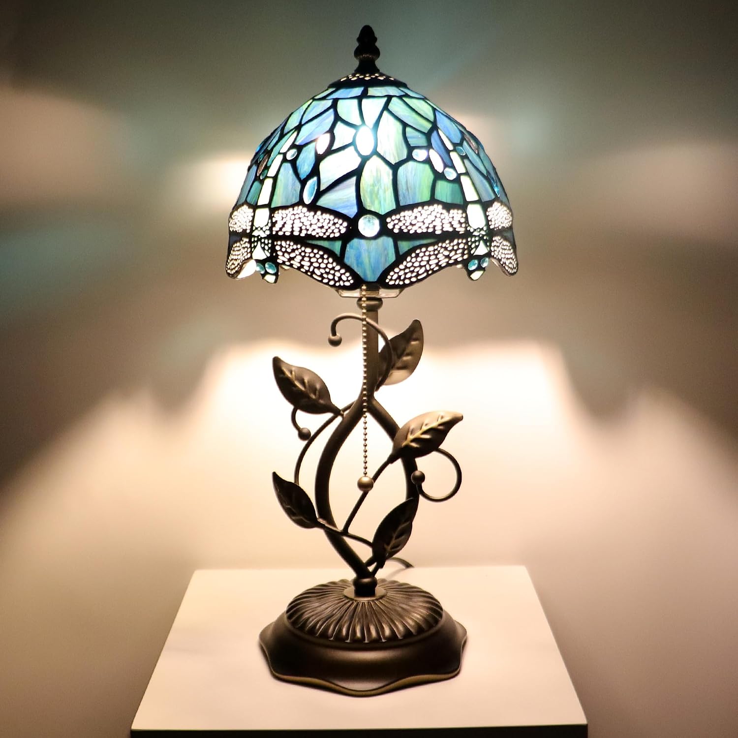 Small Tiffany Lamp Sea Blue Dragonfly Style Stained Glass Table Lamps Desk Bedside Reading Light 8X8X18 Inches with Bronze Metal Leaf Resin Base