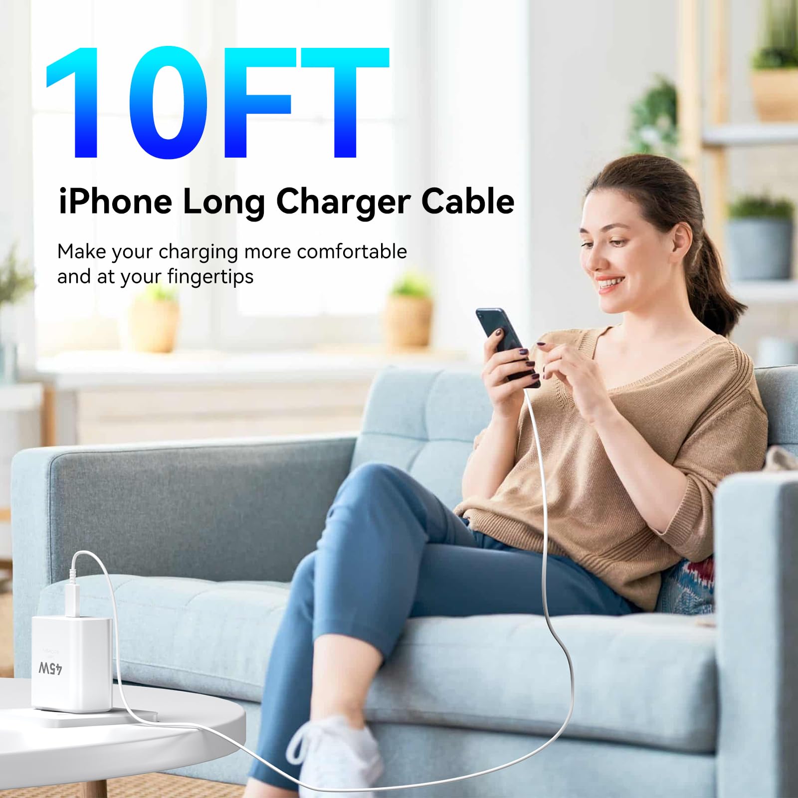 Caricatore USB-C ad alta velocità, 45 W, cavo di ricarica tipo C, 3 m, ricarica rapida per telefoni Android, caricatore da parete per