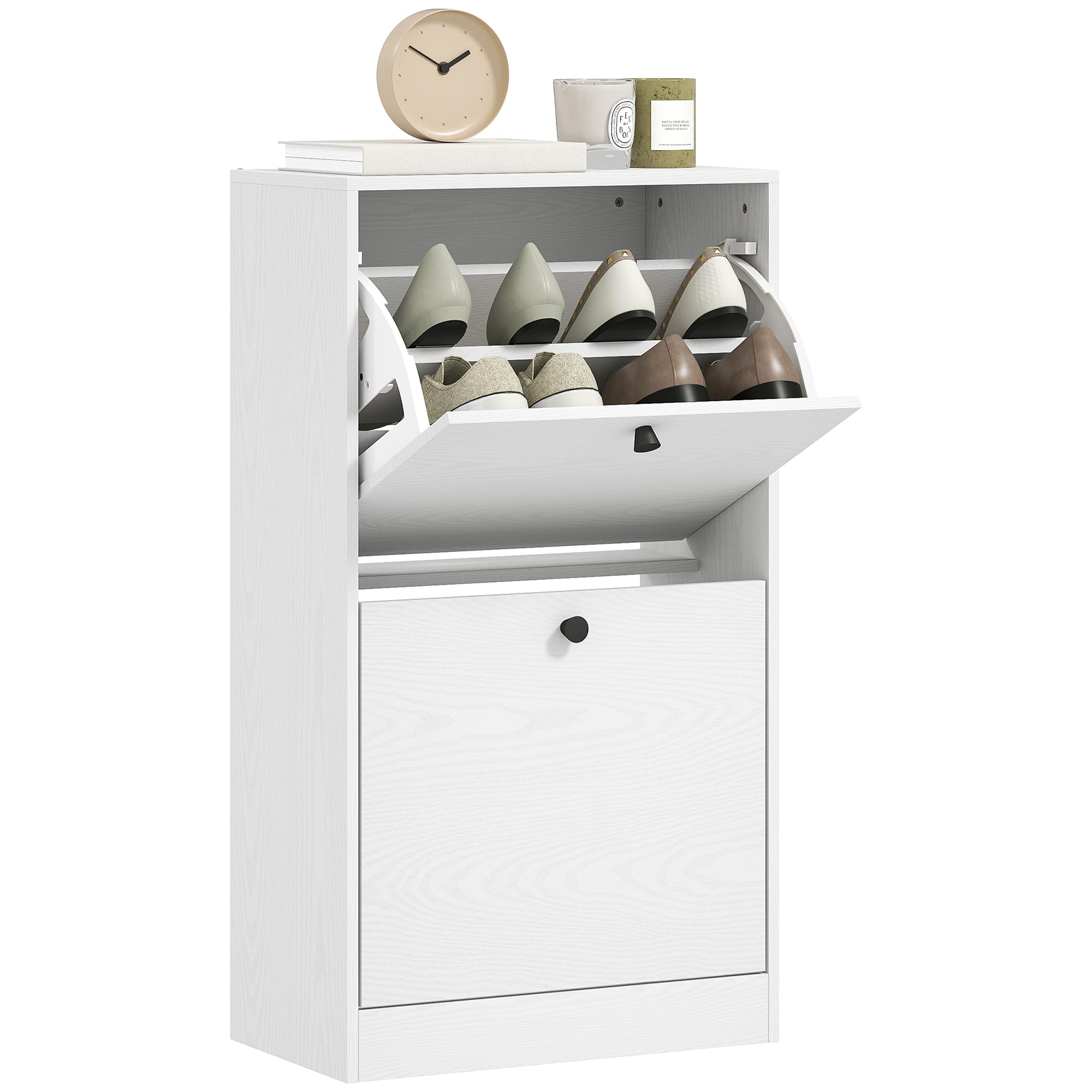 HOMCOM Mueble Zapatero Estrecho Zapatero Entrada Recibidor con 2 Cajones Abatibles y Estantes Ajustables para 8 Pares de Zapatos Armario para Zapato para Pasillo 47x26x85 cm Blanco