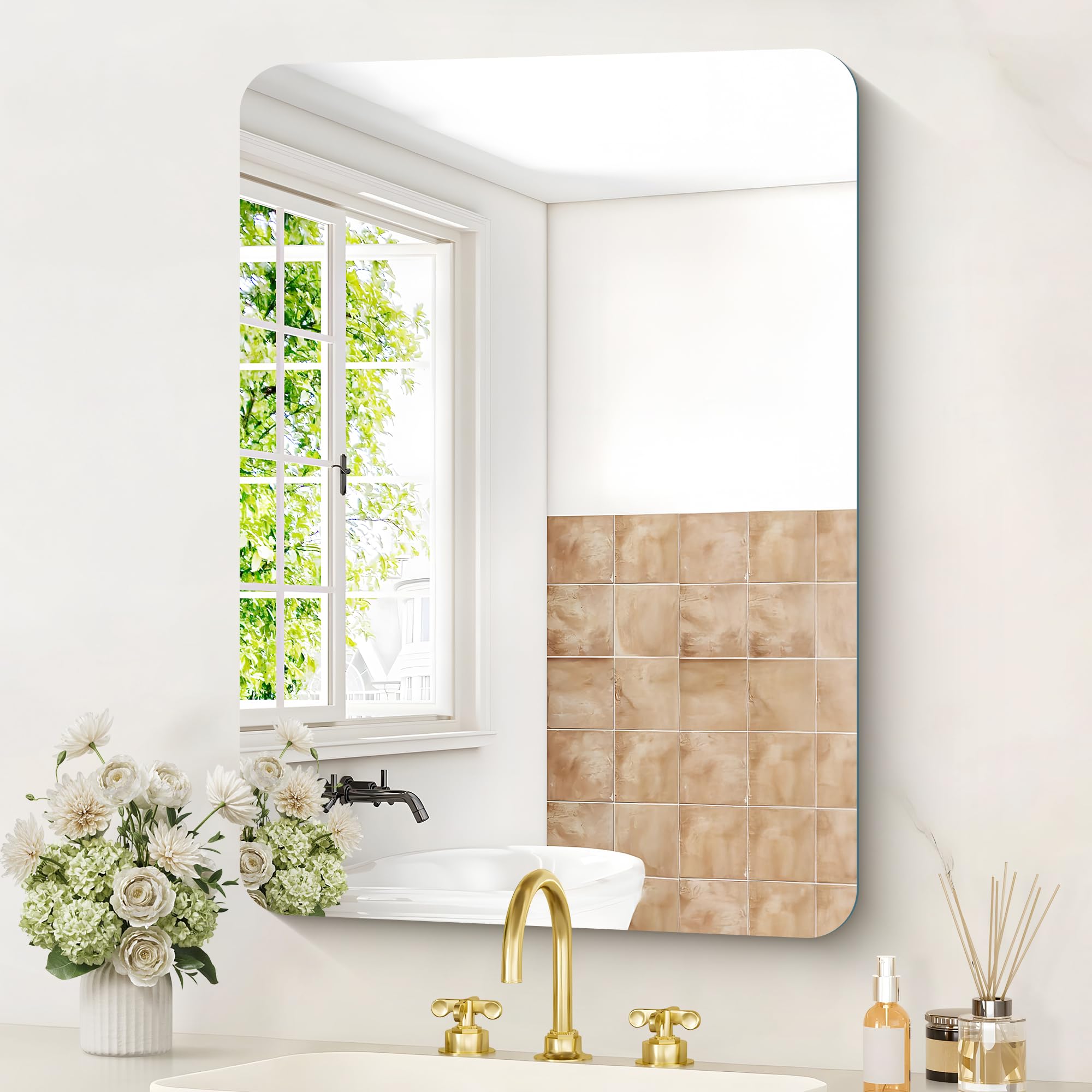 KOCUUY Espejo de baño Rectangular sin Marco, Espejo de Pared de 70 x 50 cm, Espejo con Cristal irrompible, reflexión HD, Esquinas Redondeadas, Adecuado para baños, dormitorios o vestidores.