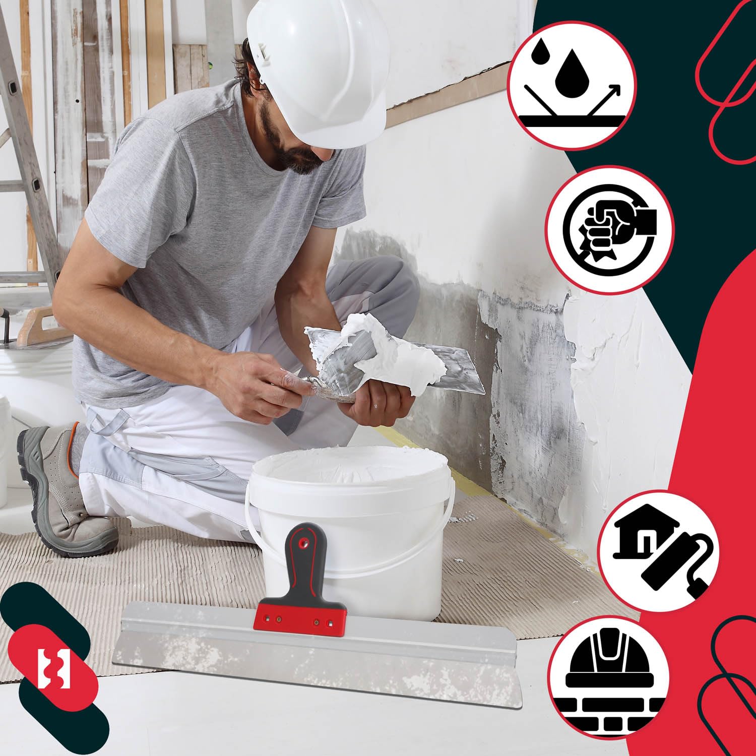 KOTARBAU® Espátula de acero inoxidable 600 mm, para aplicar y retirar yeso, masilla, ancha, para fachadas con soporte de aluminio y mango suave, de superficie
