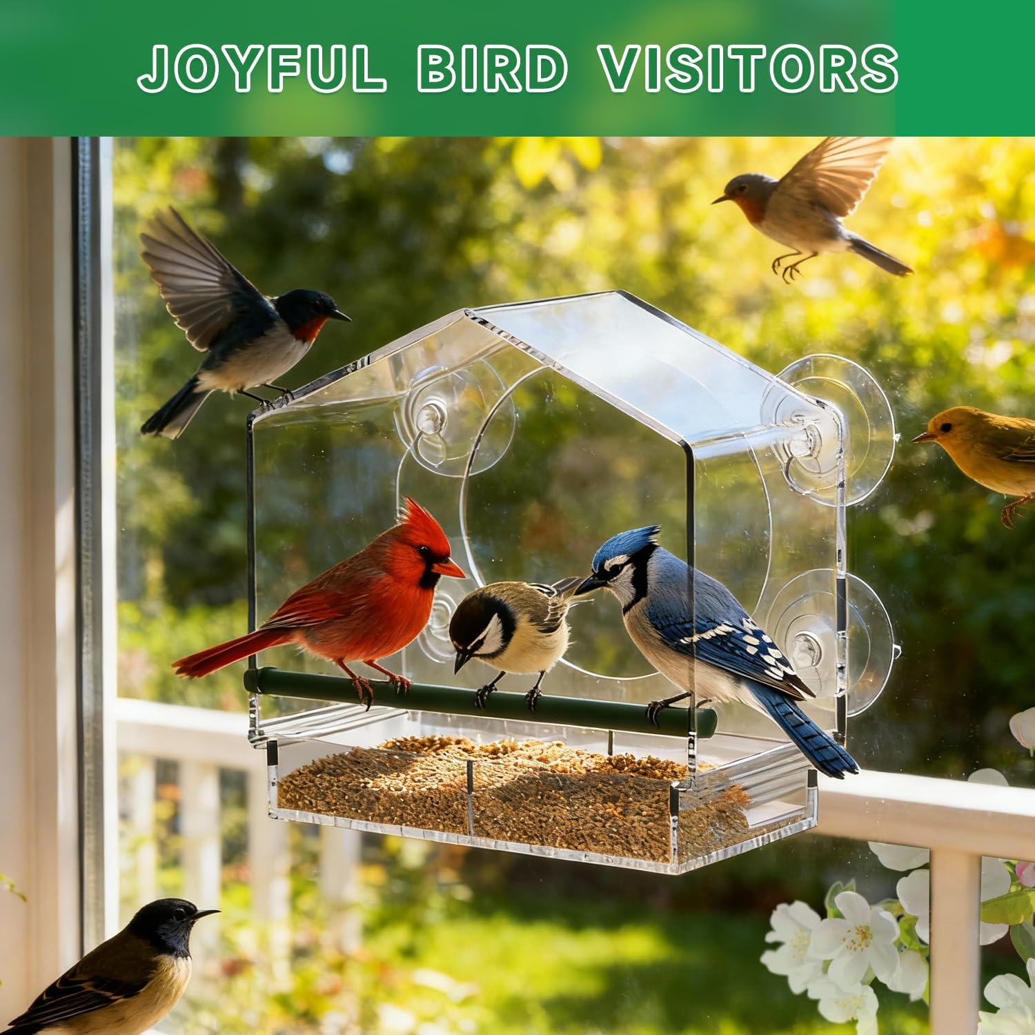Window Bird Feeders (Large & Small) Plus Hummingbird Waterers（3-Piece Set） Lure Various Birds, Offer Easy Food & Water Access. Extra-Strong Suction Cups, Easy to Mount, Perfect for Outdoor Use.
