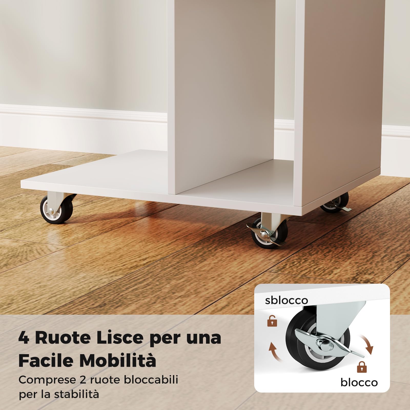 COSTWAY Tavolino a Forma di C con Ruote, Tavolino Laterale da Divano Salvaspazio con 2 Cubi di Stocaggio, Ideale per Camera da Letto, Soggiorno e Salotto, 45 x 35 x 64,5 cm, Bianco