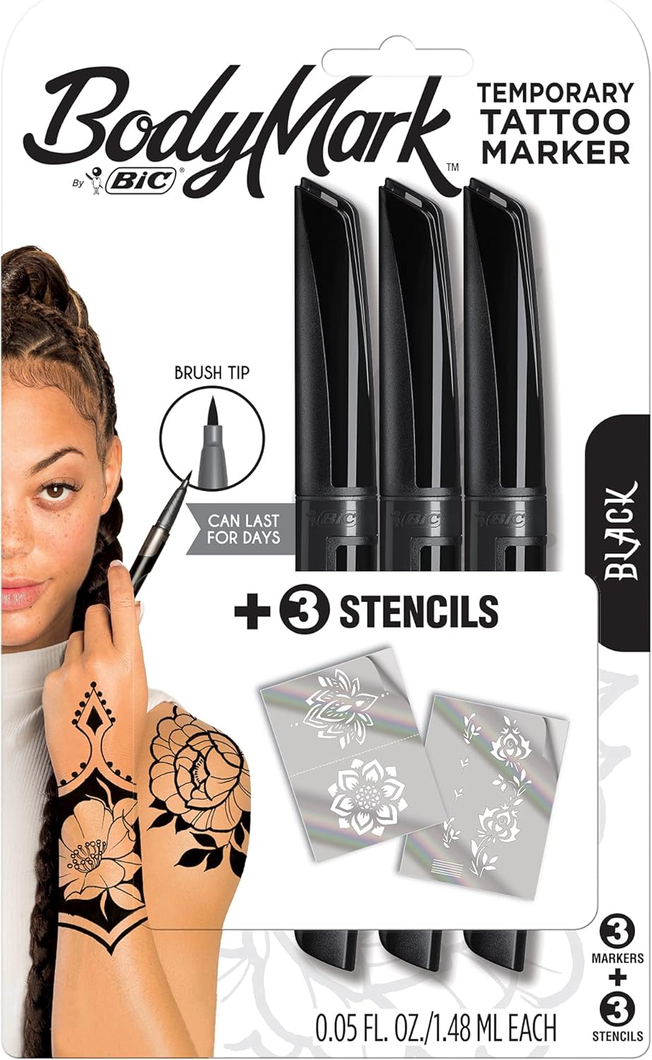 BodyMark by BIC, Temporary Tattoo Marker, Skin Safe, Brush Tip, Long-Lasting & Vibrant, Black, 3-Count : Beauty & Personal Care