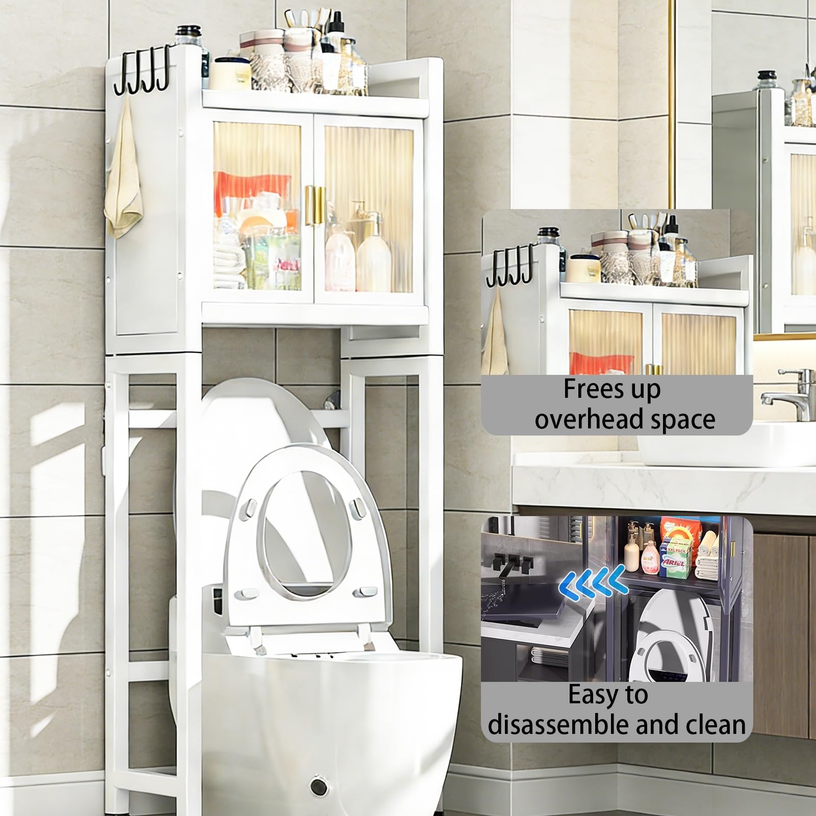 Armadietto portaoggetti in metallo salvaspazio per bagno, con ante in acrilico, bianco, 141 x 50,8 cm, ideale per bagno e lavanderia