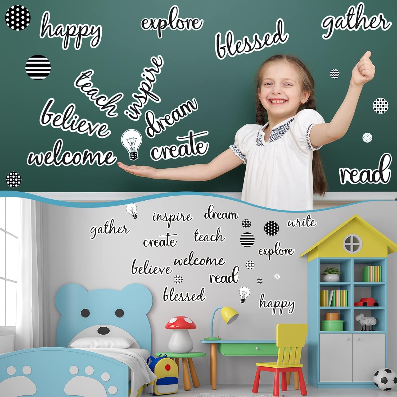 48 Pcs Black and White Classroom Decor Teach Mini Bulletin Board Set Script Words Stripes Polka Dots Bulb Cutouts Bulletin Board for Classroom Home School Decor Supply