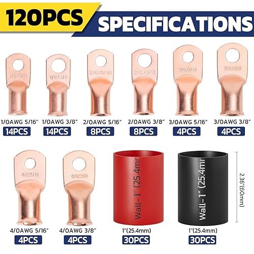 Miniatura 2 de haisstronica Kit de 120 extremos de cable de batería, 60 piezas AWG 0 00 0000 0000 terminales de anillo de alambre de cobre resistentes, terminales