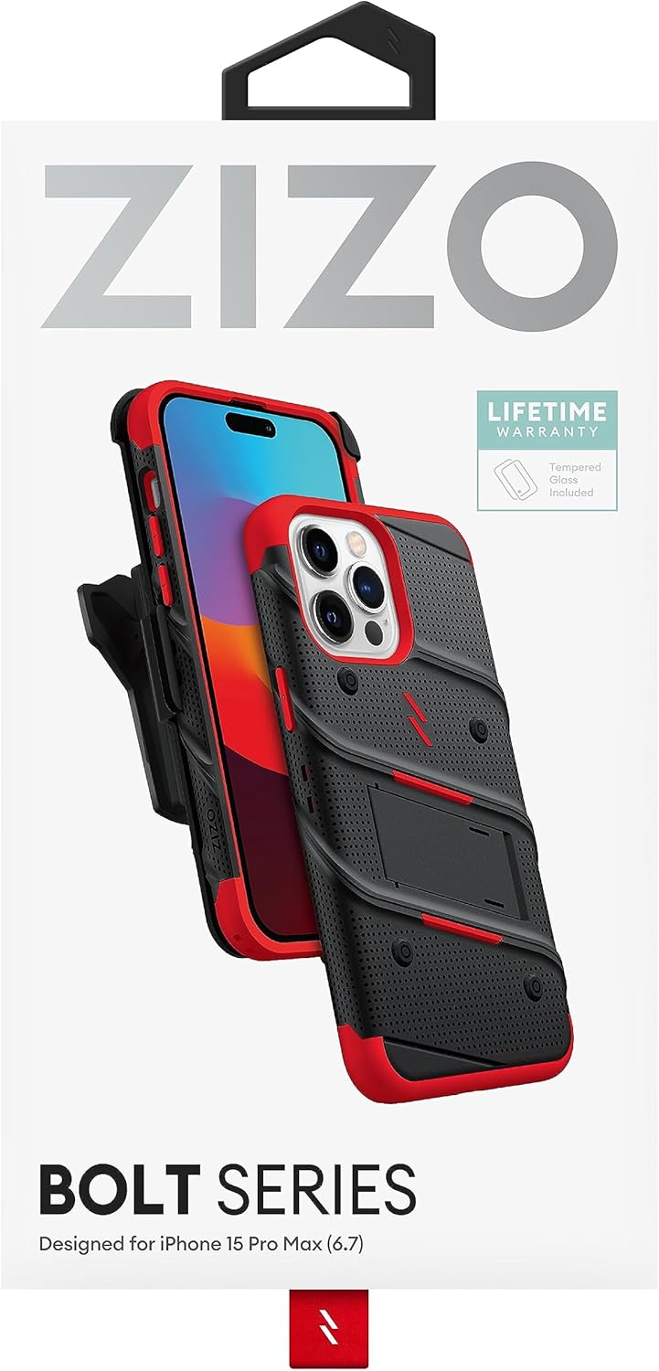 ZIZO Bolt Bundle for iPhone 15 Pro Max Case with Screen Protector Kickstand Holster Lanyard - Red