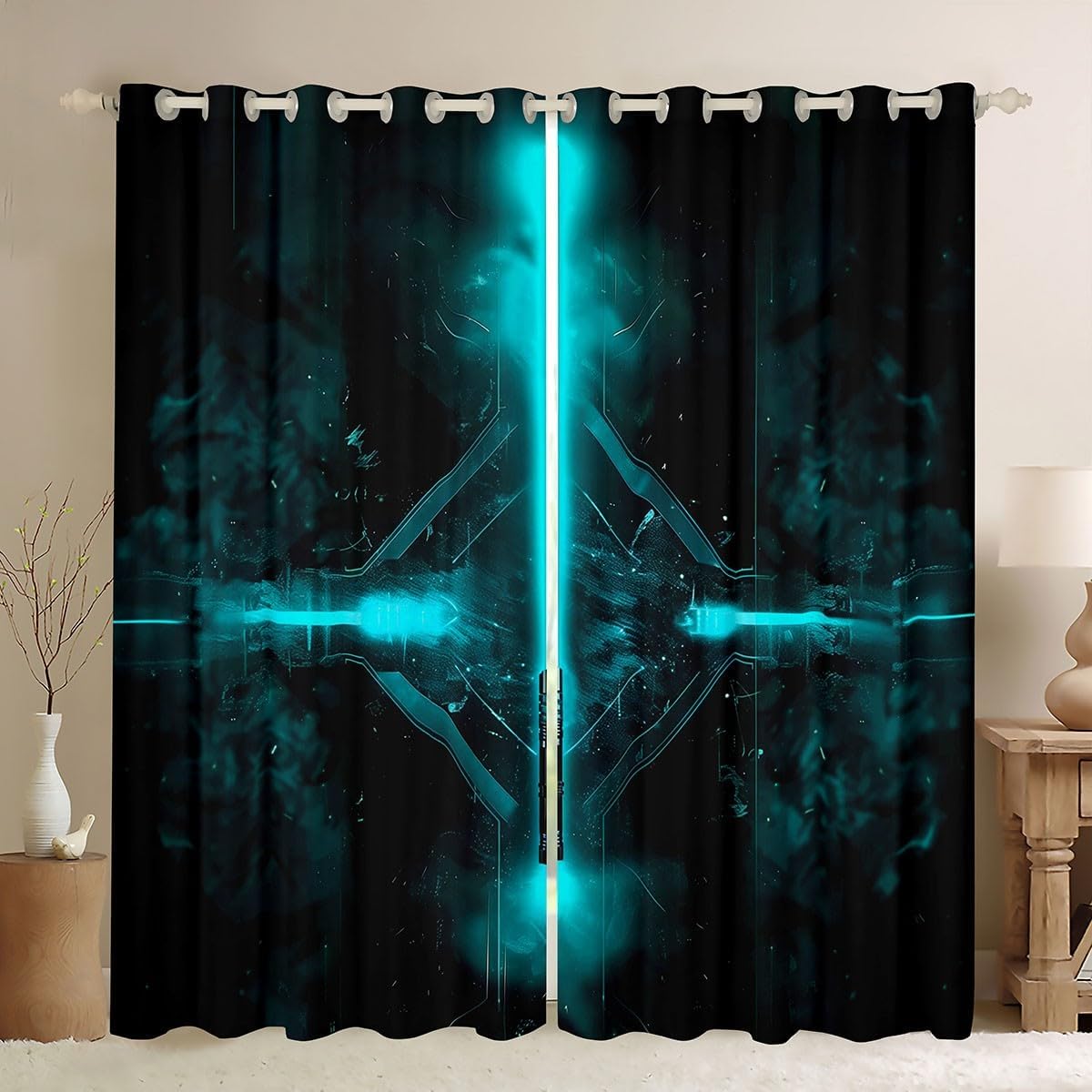 Lightsaber Kids Window Curtains,Video Games Modern Gamers Fashion Window Drapes for Boys Man,Neon Light Ray Abstract Blue Unique Black Window Treatments Grommet Top 2 Panel Set,38Wx45L inch