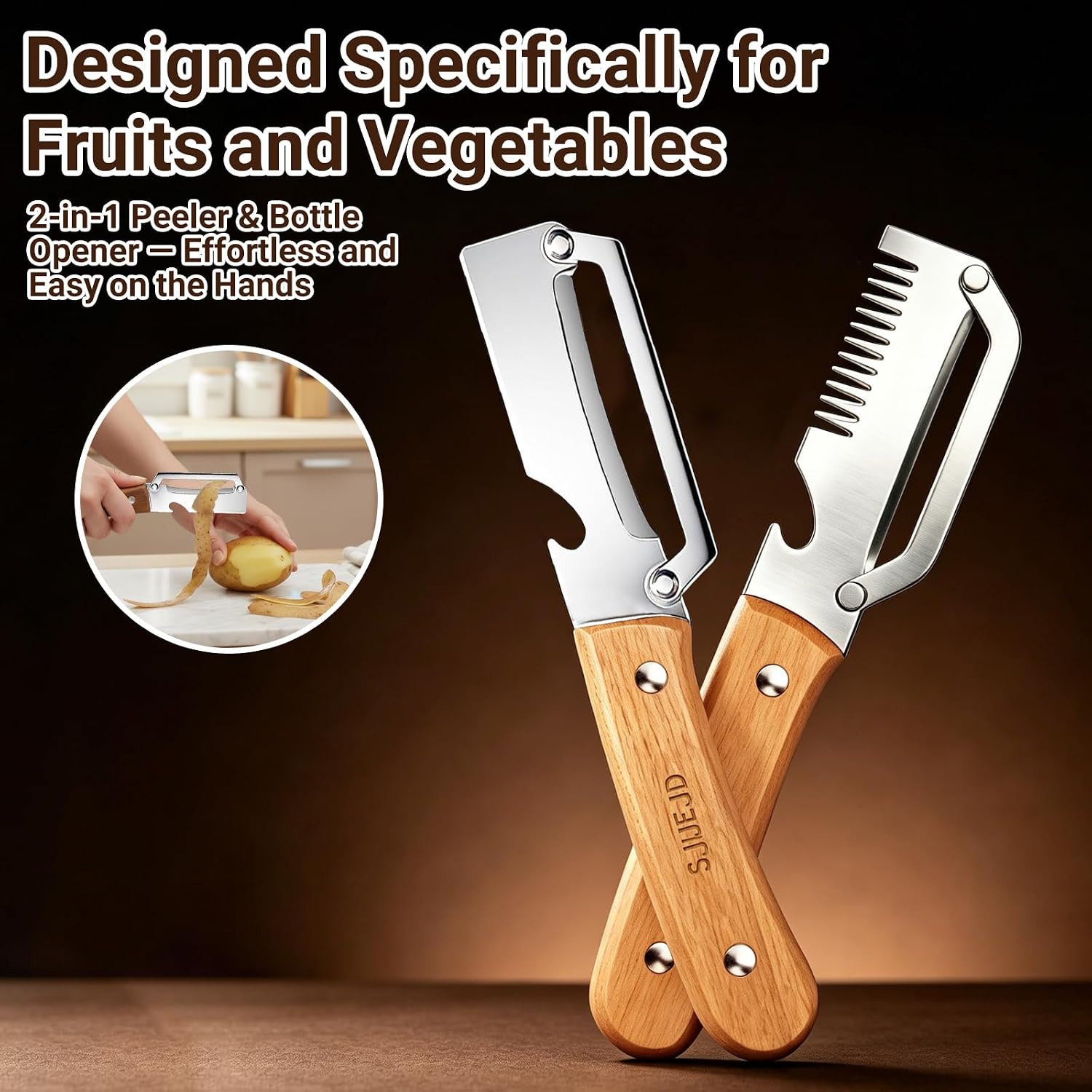 Multifunctional Vegetable Peeler 3 in 1 for Made of Stainless Steel Kitchen Tool Wooden Smooth Handle and Bottle Opener Potato Cucumber Orange Pumpkin Fruit image 2