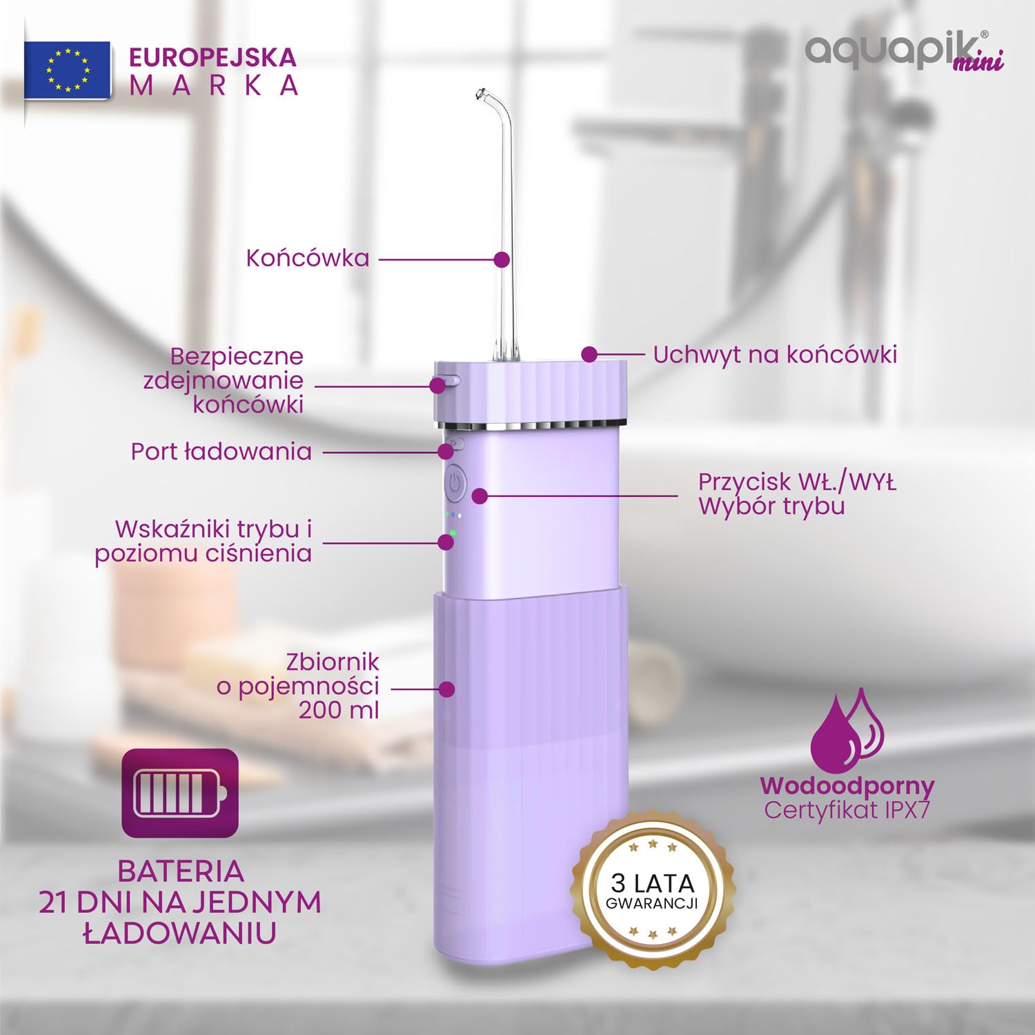 Aquapik Mini przenośny irygator dentystyczny. 3 tryby użytkowania, wodoodporny IPX7, 4 dysze w zestawie, akumulator i kompaktowy, idealny w podróży, polecany przez dentystów dla całej rodziny