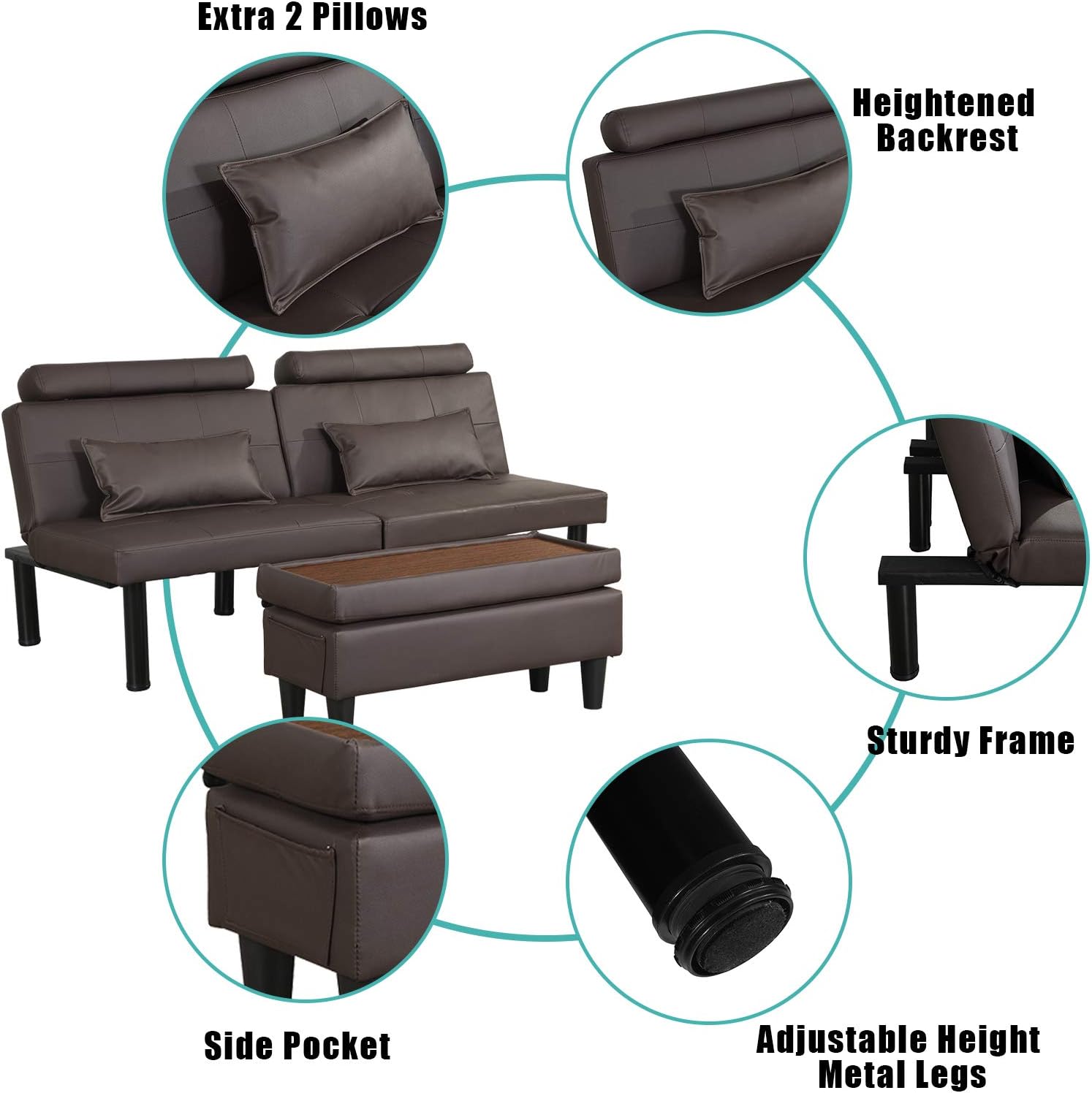 Futon Sofa Bed Couch and Sleeper with Storage Ottoman Footstool or Coffee Table and 2 Lumbar Pillows, Tufted Adjustable Convertible Futon Sofa Bed Sleeper Couch Loveseat, Small, Metal Leg, Leather