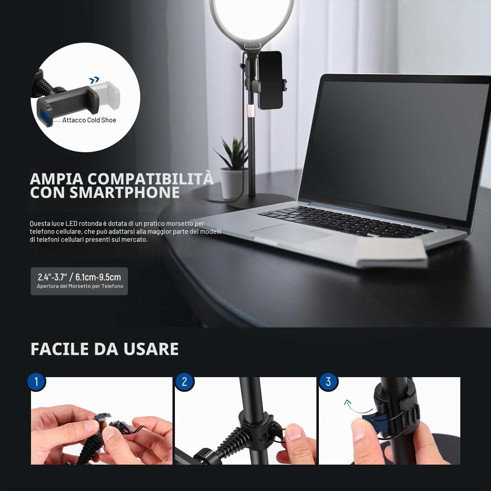 NEEWER Basics 10.5" Ring Light da Scrivania con Supporto/Supporto Telefono/Timer, Pannello LED Luce Fotografica dimmerabile da 15W a Schermo Intero per Selfie Foto Video, SOLO Alimentazione USB A, R10