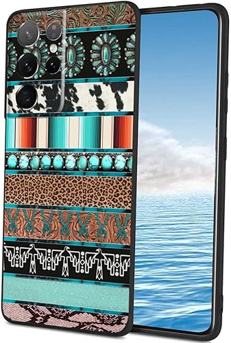 Funda compatible con Samsung Galaxy S22 Ultra Western, estampado de leopardo turquesa, estampado de leopardo, boho, occidental, diseño gráfico para