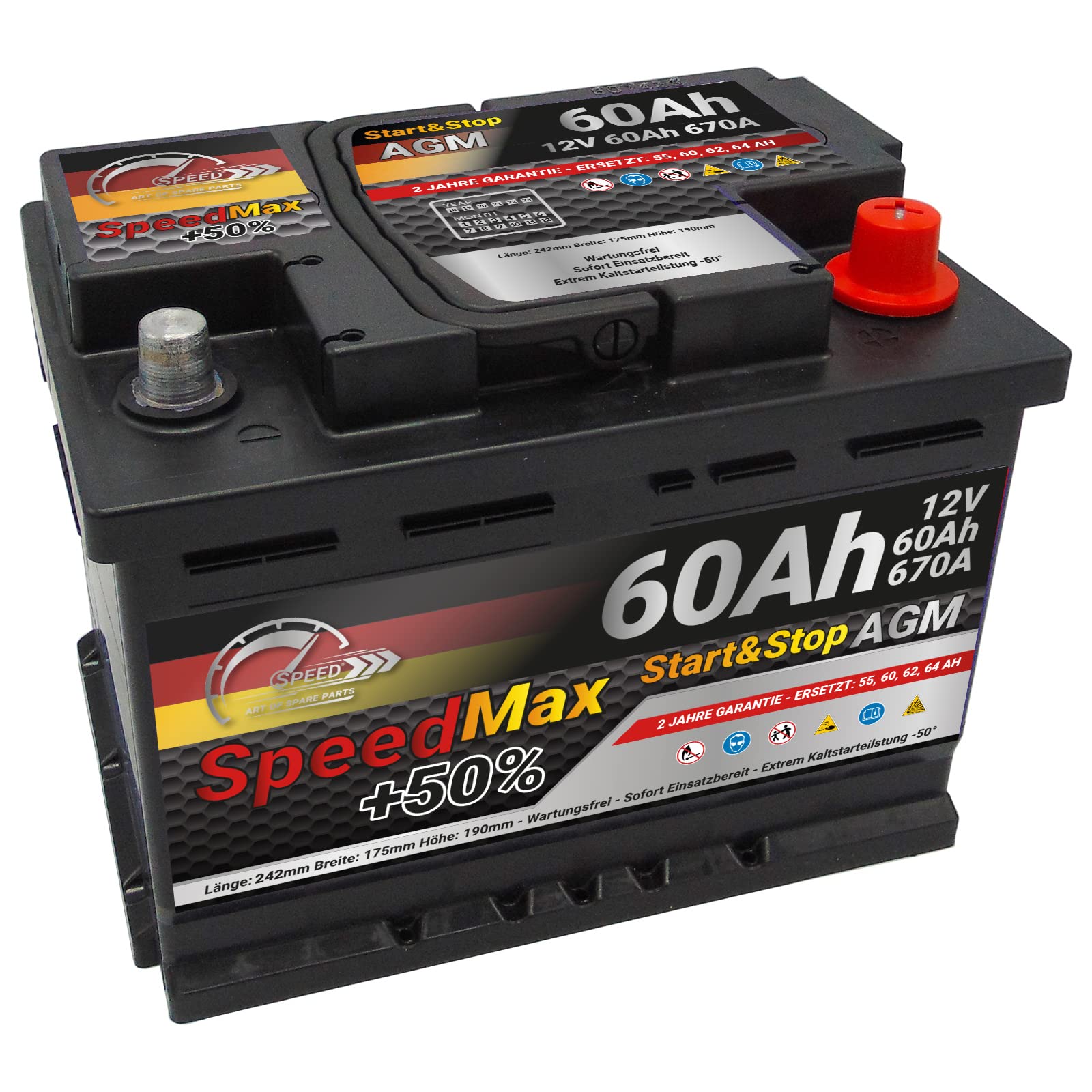 Batteria per auto Speed Max 60 Ah Tecnologia AGM 670A, adatto per veicoli con sistema Start Stop | adatto per veicoli con sistema Start Stop