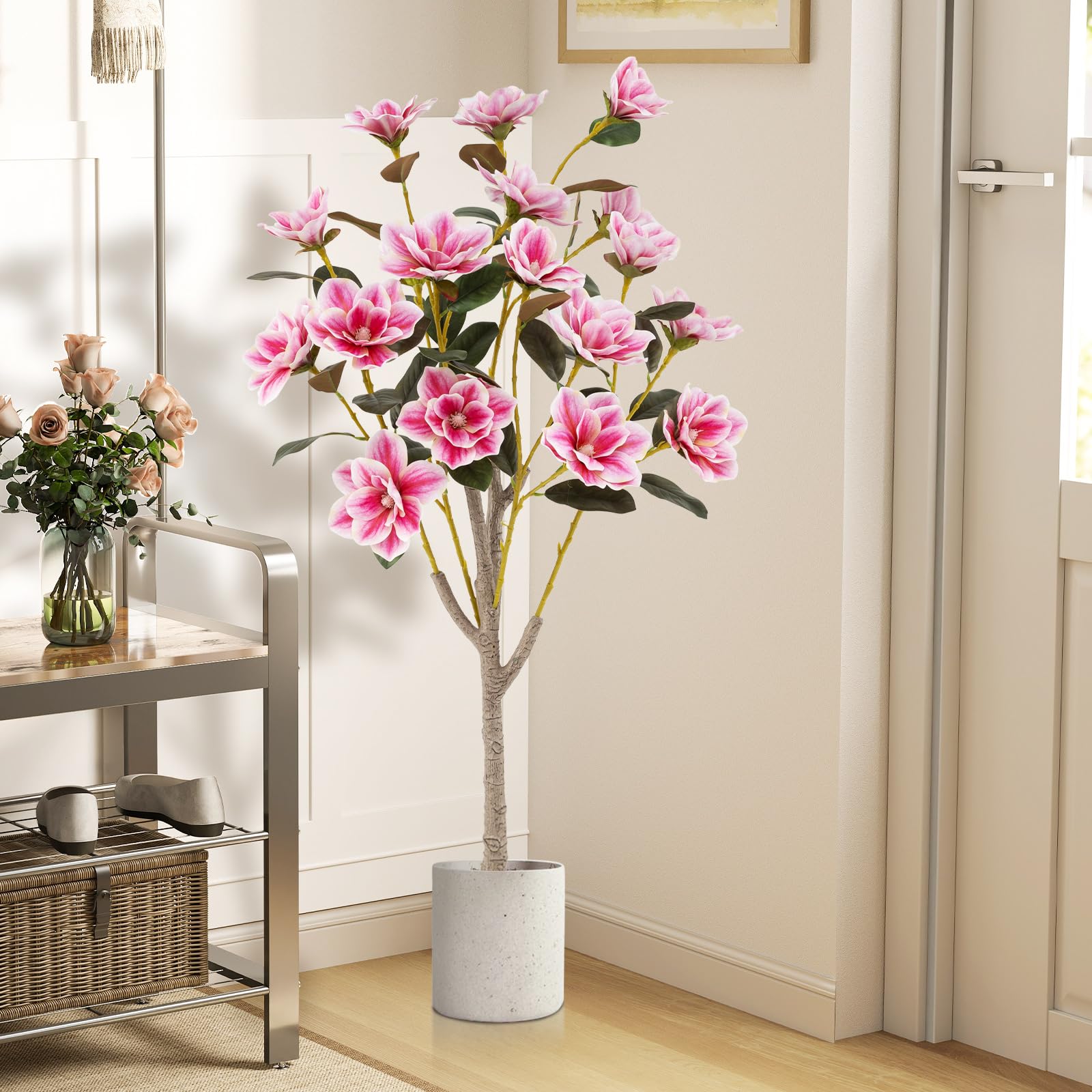 GIANTEX Árbol de Magnolia Artificial 130 cm, Planta Falsa en Maceta con Troncos de Múltiples Ramas y Hojas de PEVA, Flores Sintéticos Rosas, Planta Decorativa para Entrada, Salón, Oficina