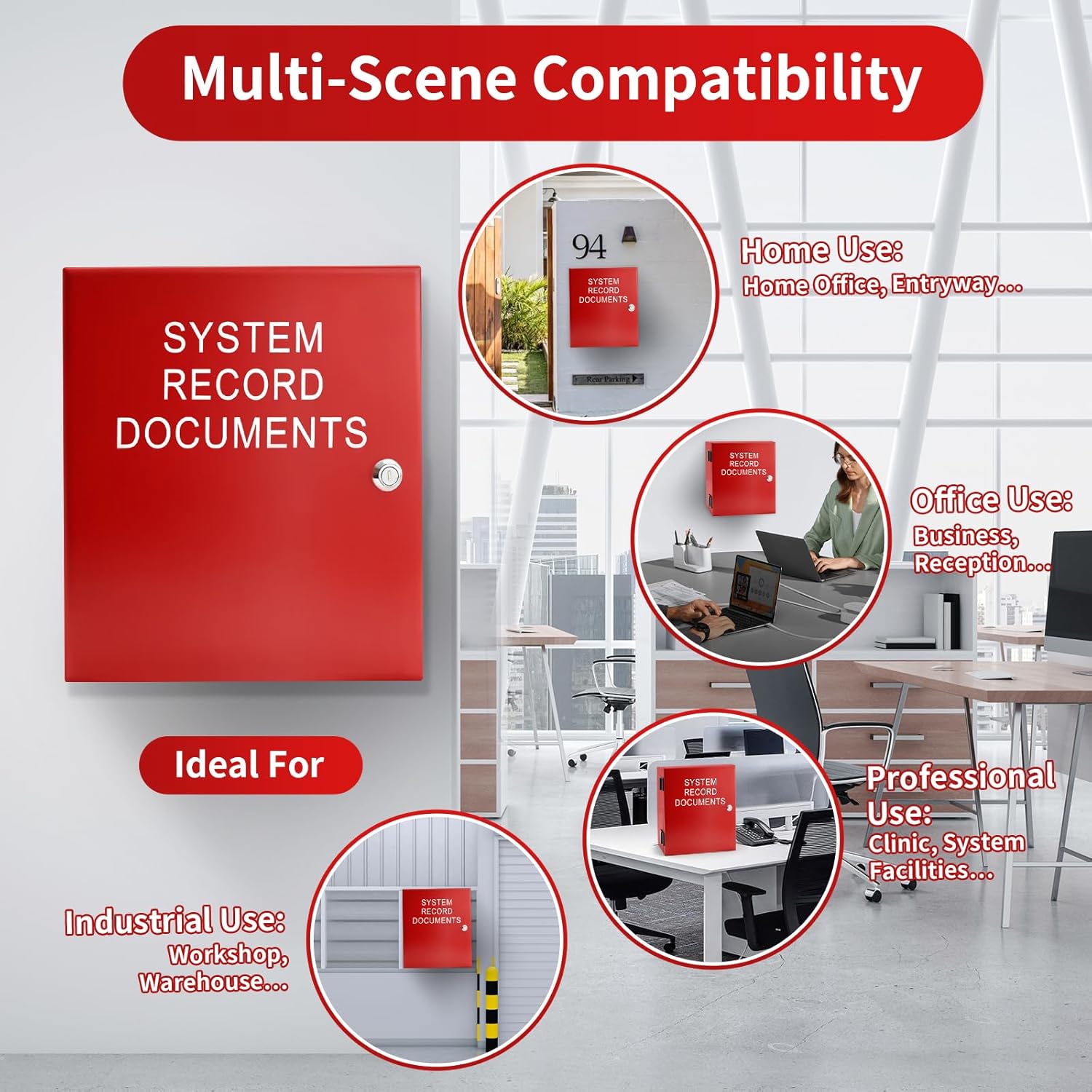 System Record Documents Enclosure, 13.8 X 13.8 Inch Fire Box for Documents, System File Cabinet Locking Document Storage for Office Home with Adjustable Spring Bookends, Red