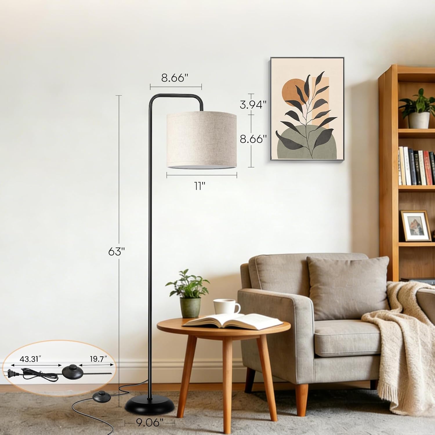TJOY Floor Lamp for Living Room, Floor Lamp with 12W 3 Color Temperatures Bulb, Metal Standing Lamp with Extended Arm, Modern ARC Standing Lamp for Bedroom, Couch, Reading Nook, Office &Nursery, Black