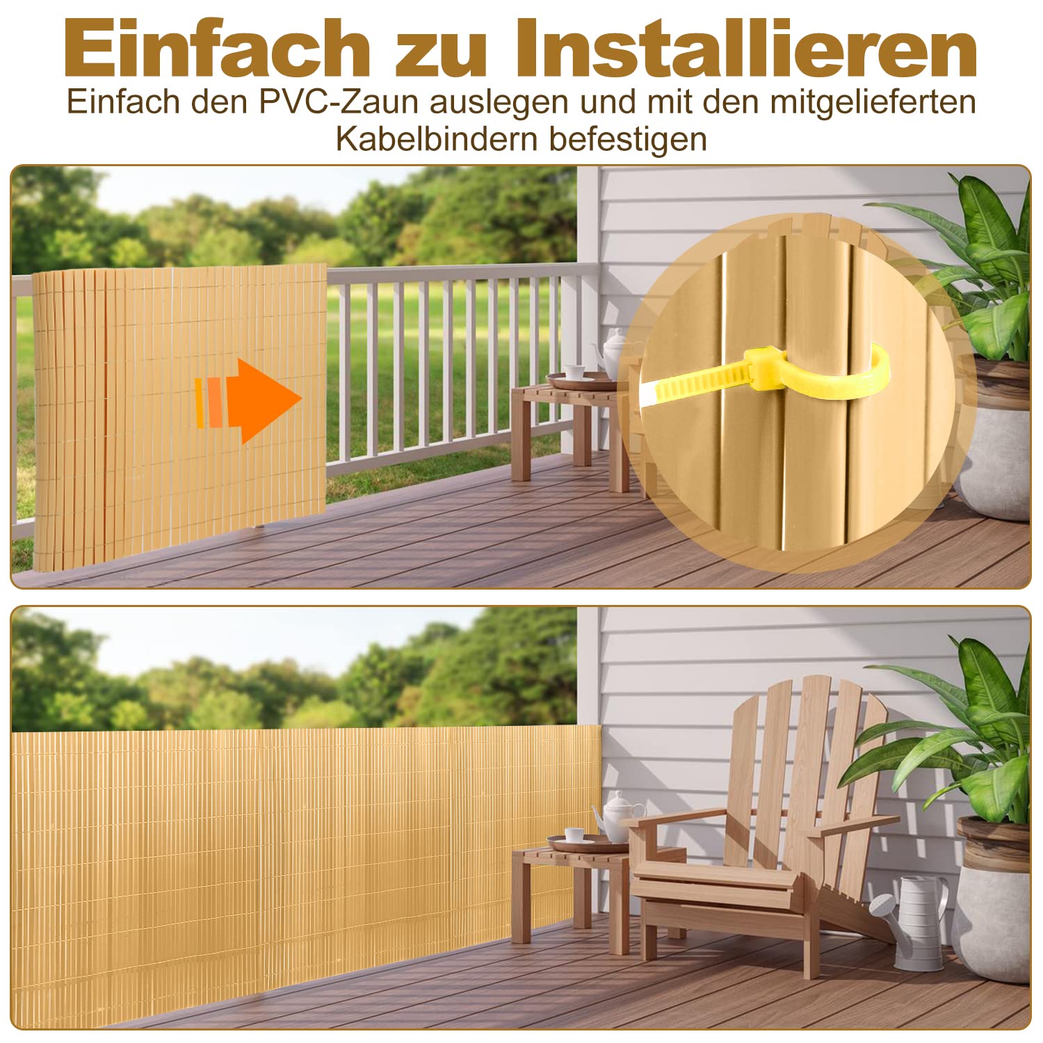 YARDIN Pvc-inkijkbeschermingsmat, inkijkbescherming, privacyhek, uv- bestendig en weerbestendig, privacy balkonbekleding voor tuin, terras, met kabelbinders, 120 x 1000 cm, bamboe