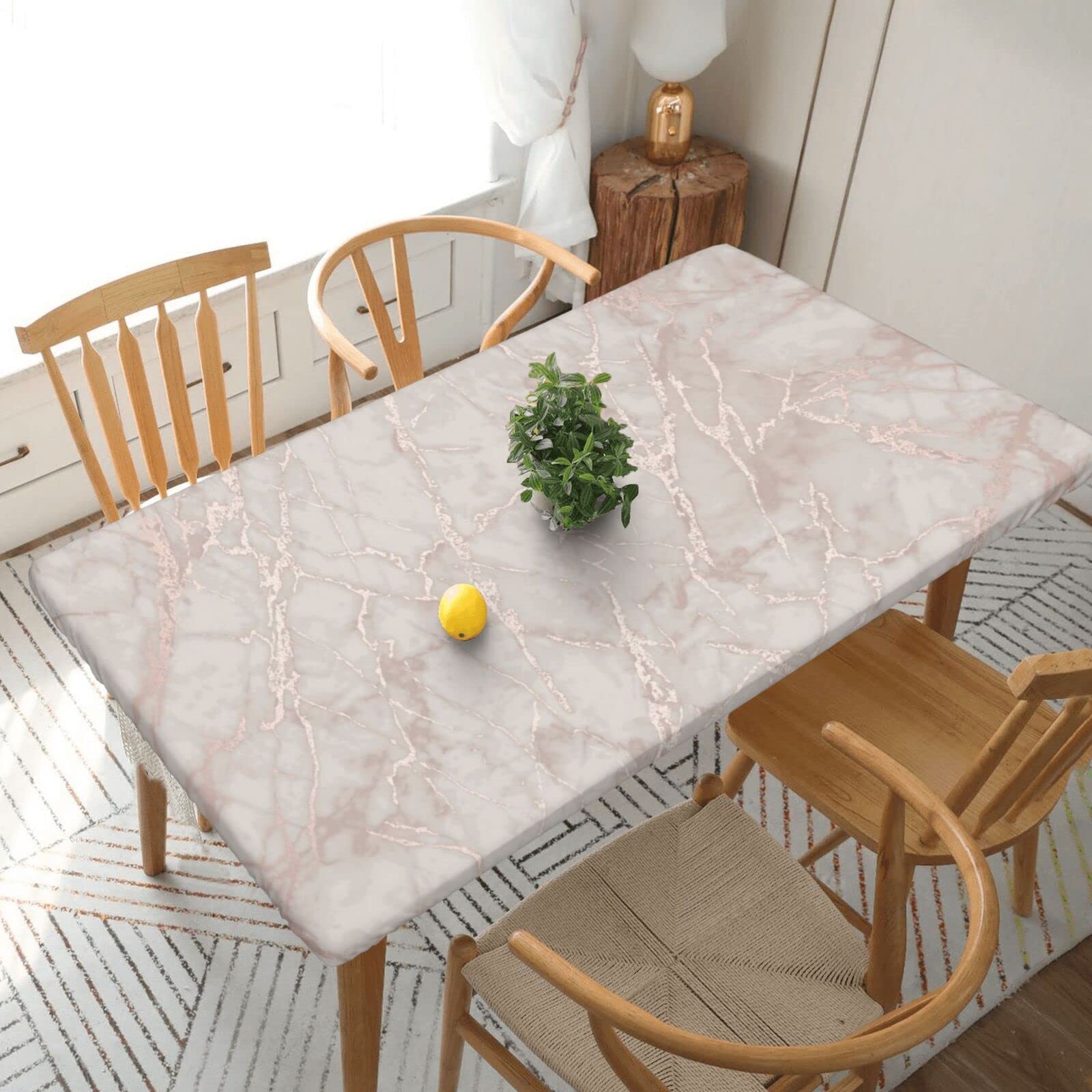 Rectangle Tablecloth 152x76cm For 5ft Dining Table Protector - Rose Gold Marble Printed Elastic Edged Table Cover Wrinkle Free Table Decoration Table Cloth