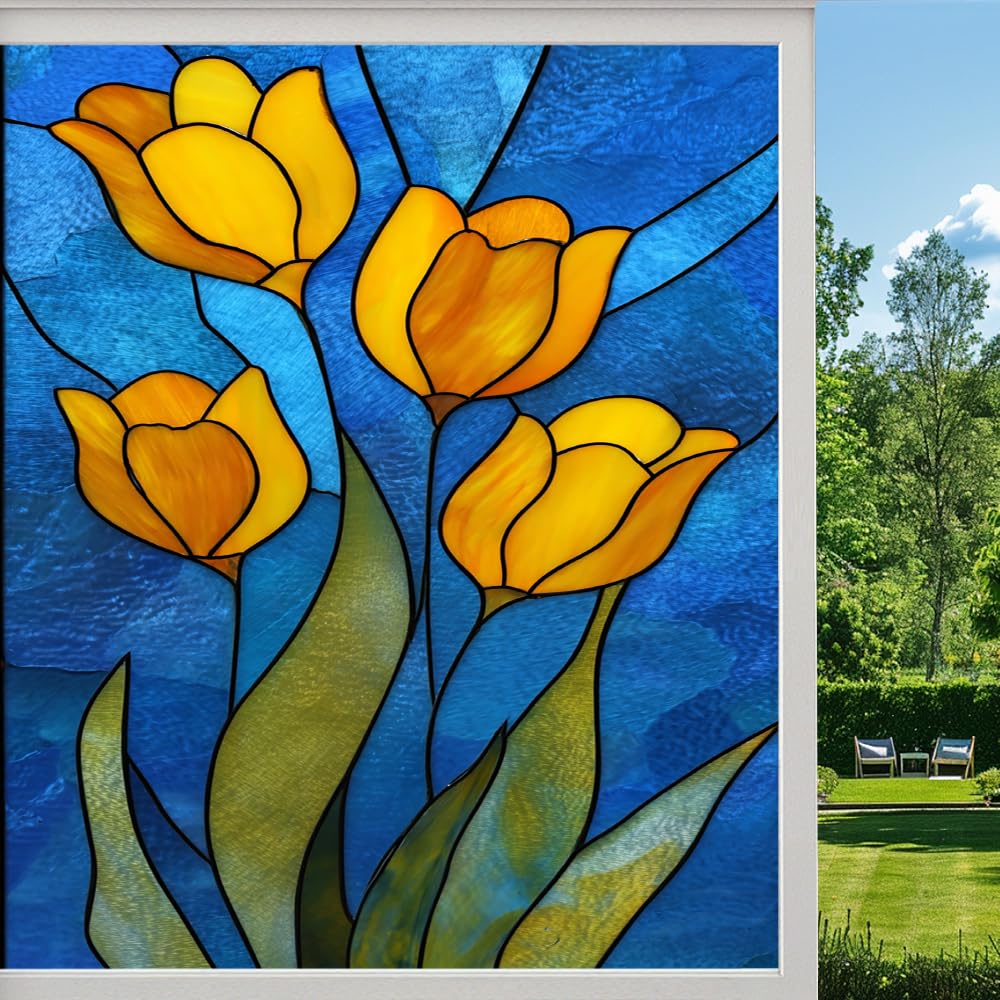 Pmlbaous Vintage Flowers Privacy Window Film, Colorful Tulips Yellow Plants Frosted Self-Adhesive Vinyl Cling For Glass Doors Bathroom Windows Sun Blocking Heat Control, （70X120cm）